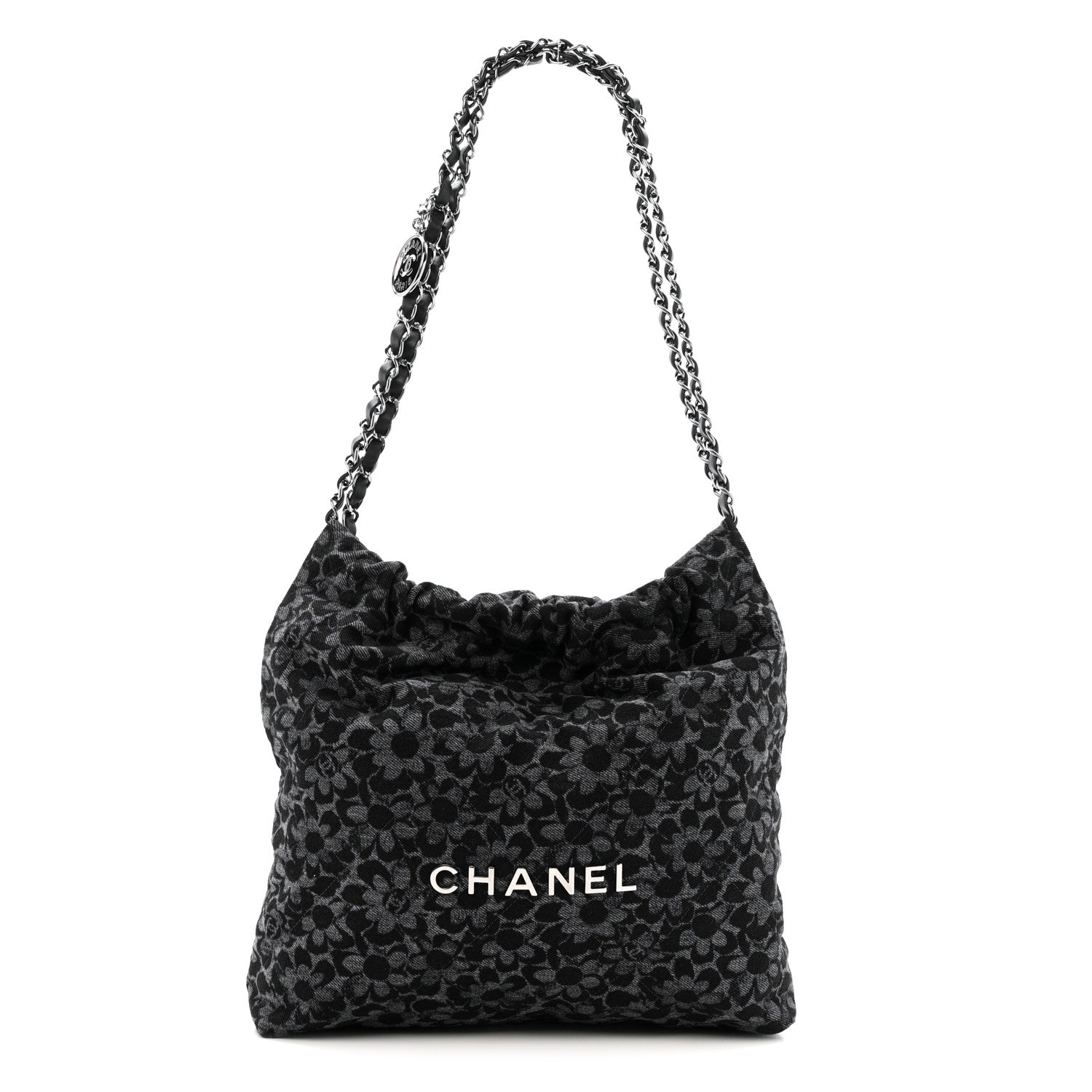 Denim Quilted Floral Print Small Chanel 22 Black