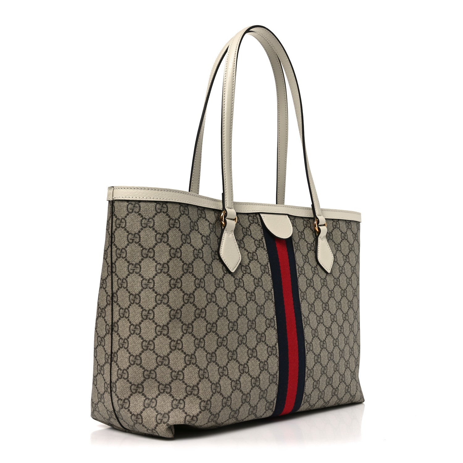 GG Supreme Monogram Textured Dollar Calfskin Web Medium Ophidia Shopping Tote Beige Ebony Mystic White