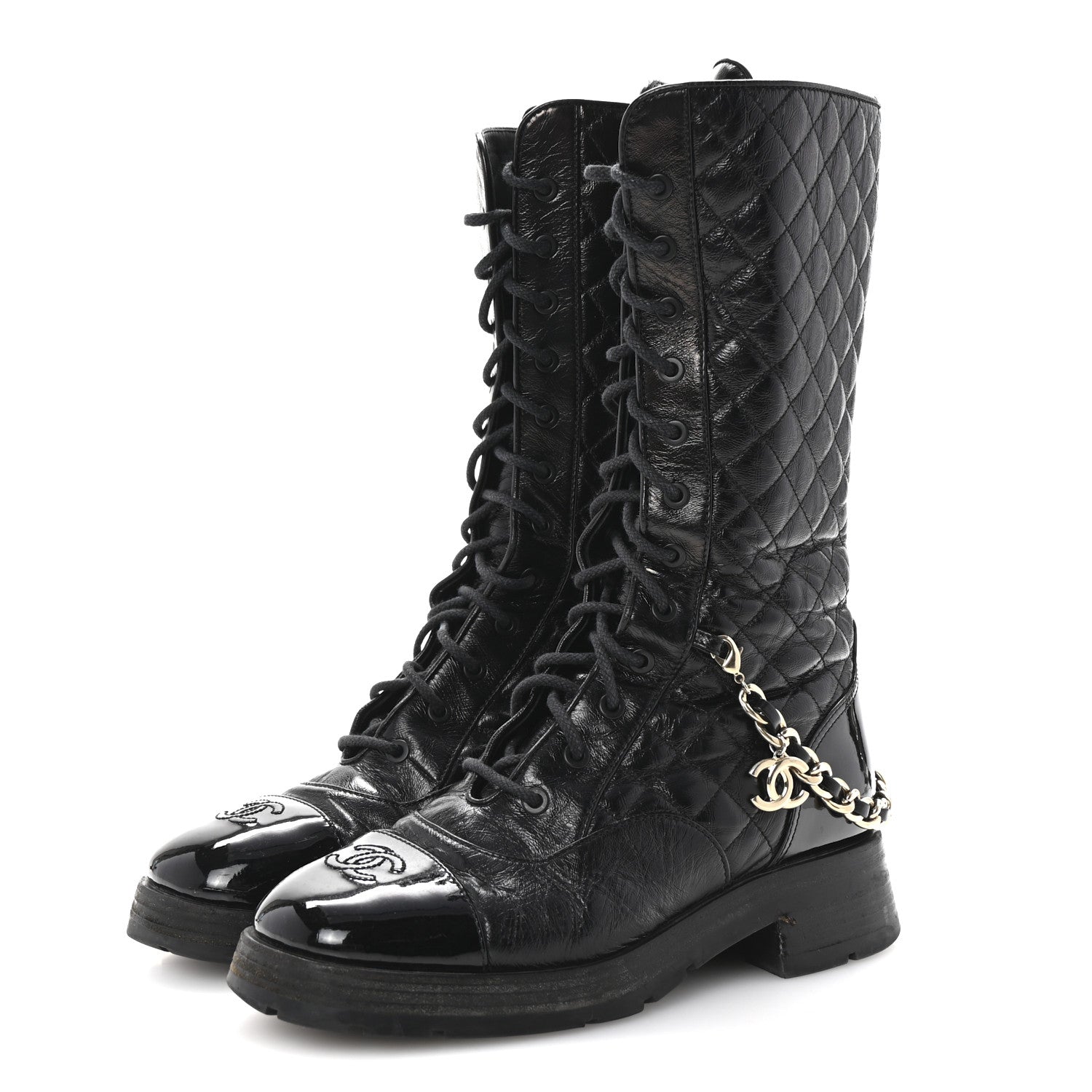 Shiny Calfskin Patent Quilted Chain Lace Up Combat Long Boots 38.5 Black