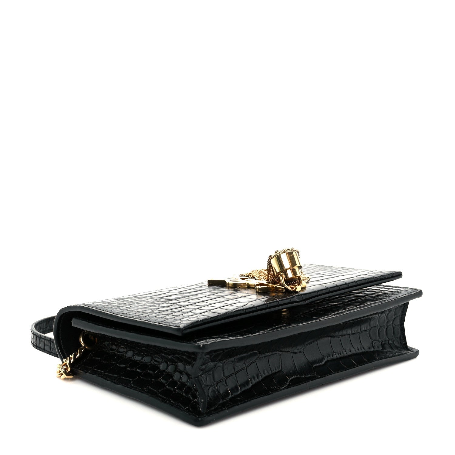 Calfskin Crocodile Embossed Kate Monogram Tassel Chain Wallet Black