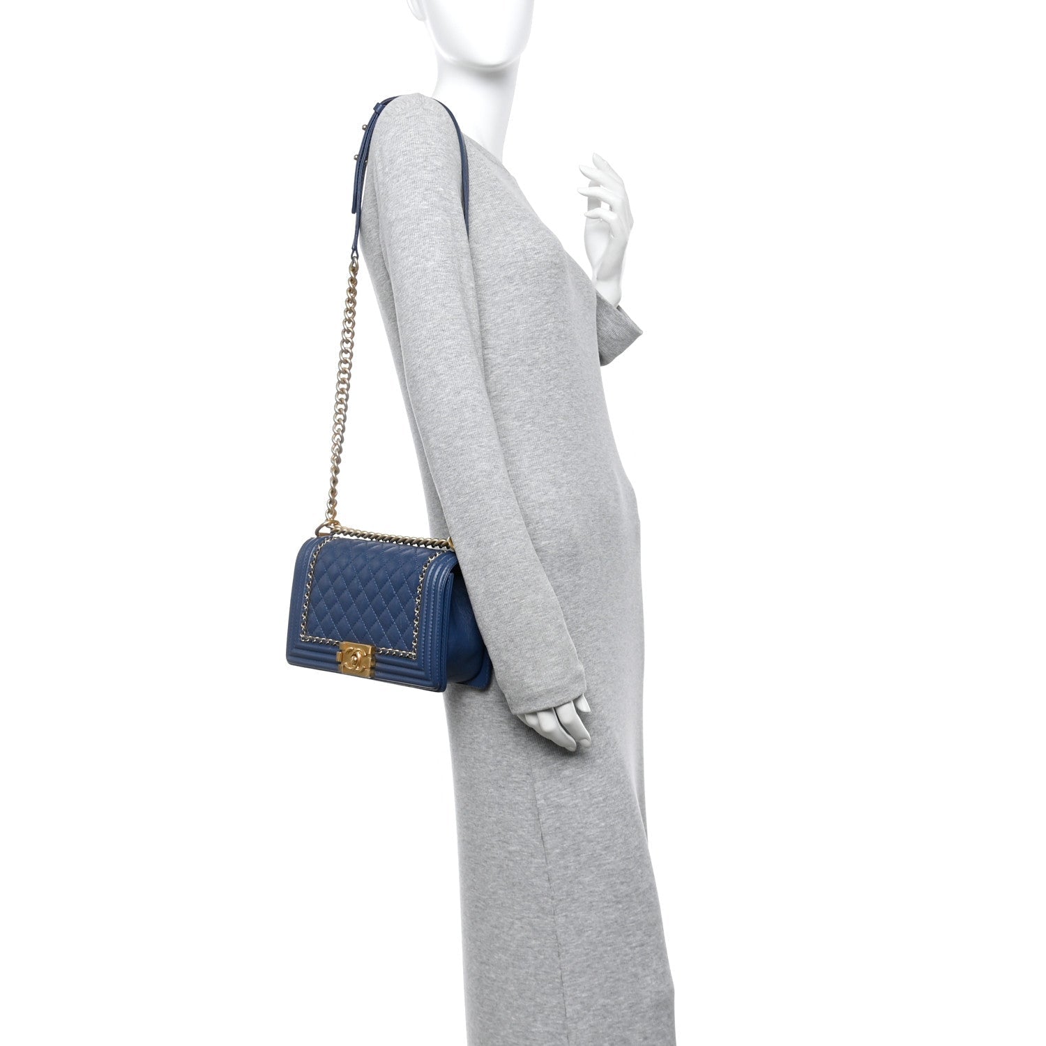 Aged Calfskin Quilted Medium Chain Detail Boy Flap Blue