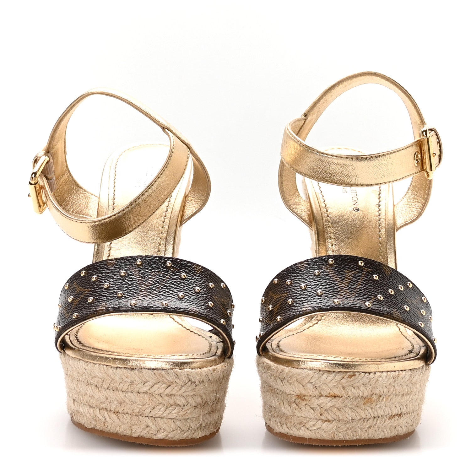 Metallic Monogram Calfskin Studded Wedge Sandals 35 Gold