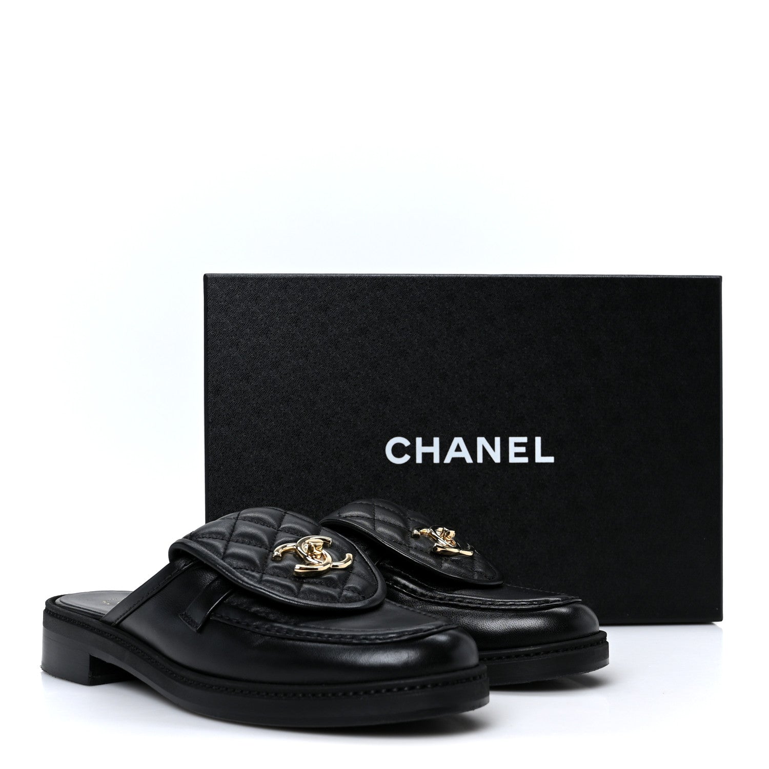 Lambskin Quilted CC Turnlock Mules 38.5 Black
