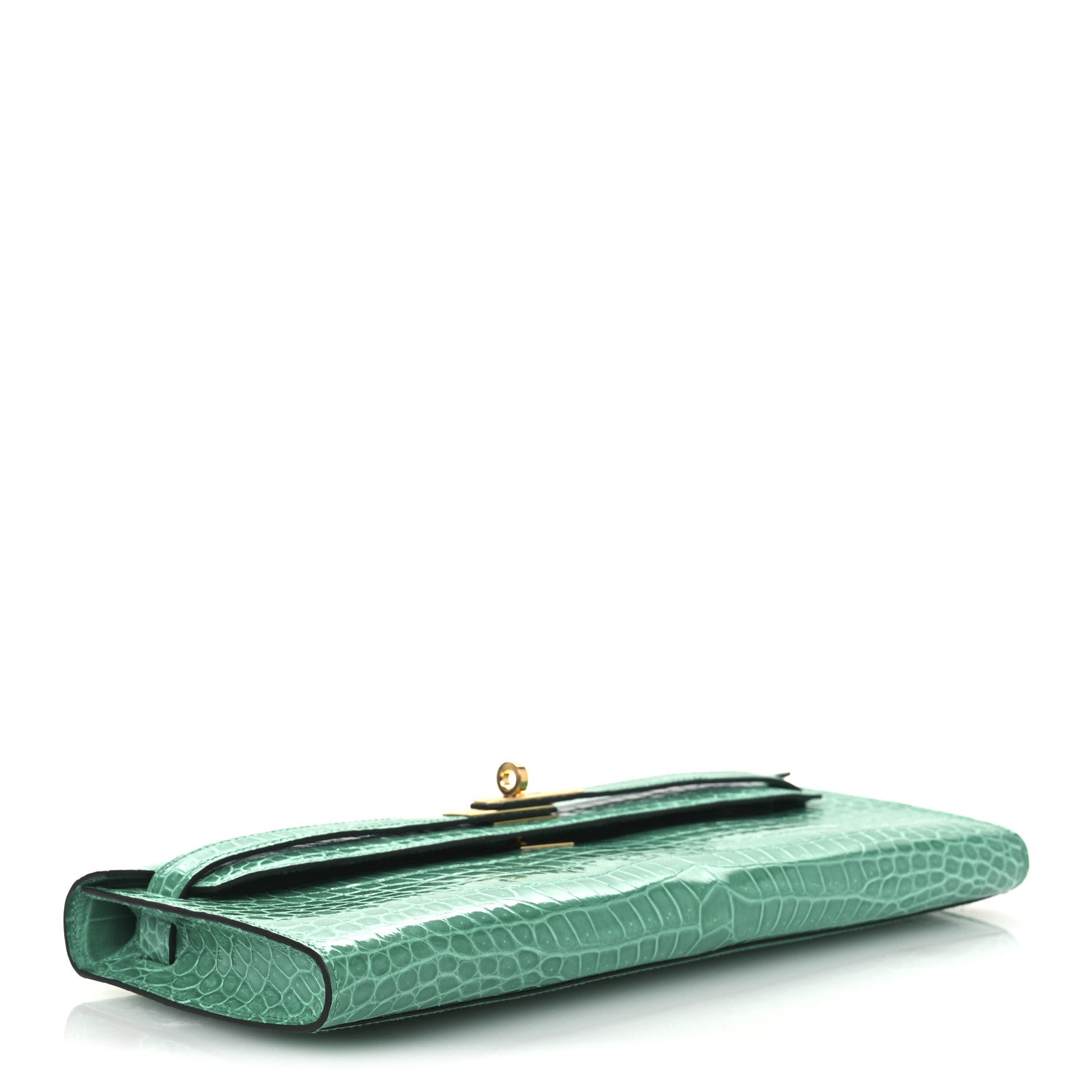 Shiny Porosus Crocodile Kelly Cut Pochette Vert Jade