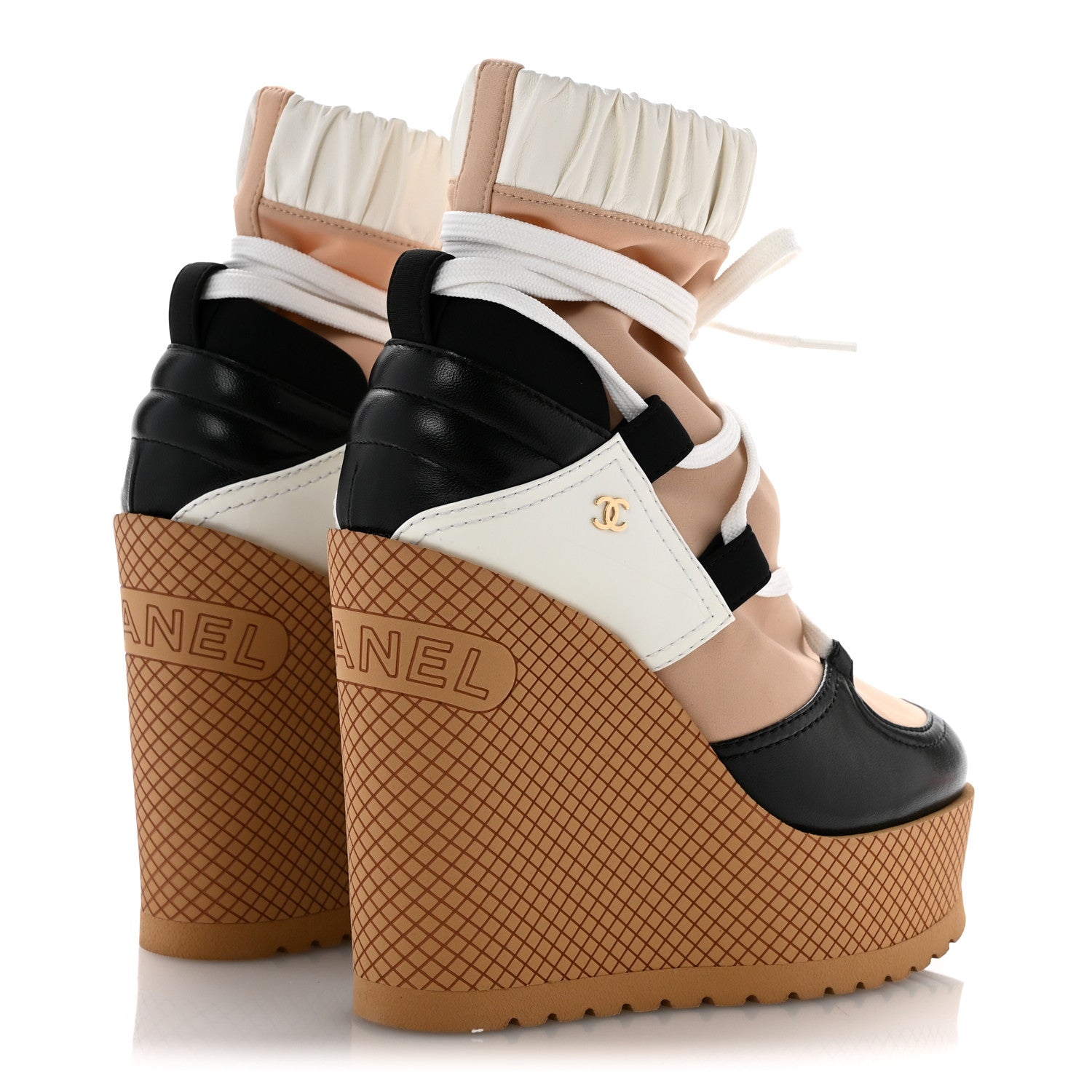 Fabric Lambskin Calfskin Runway Wedge Short Platform Boots 35.5 Black White Beige