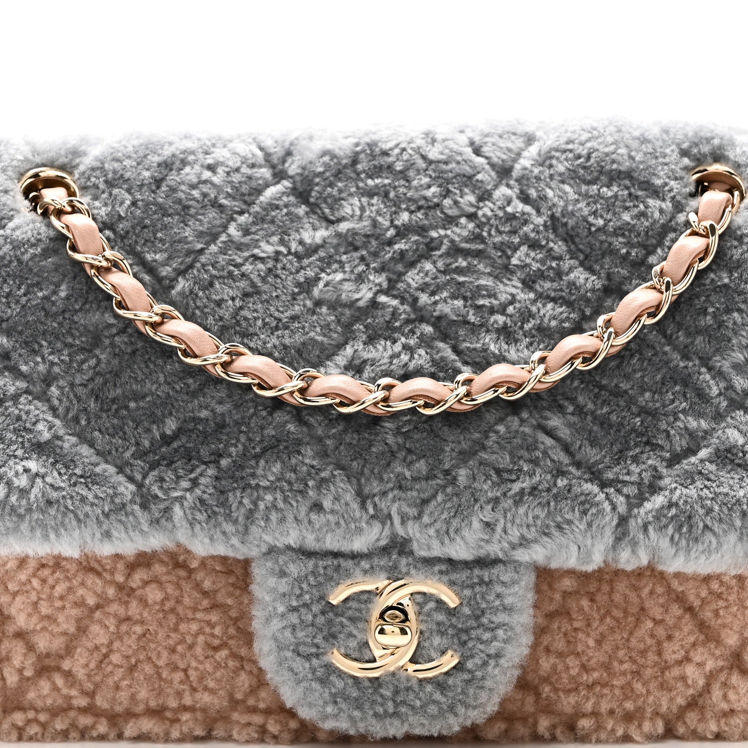 Shearling Sheepskin Single Flap Gray Pink Beige