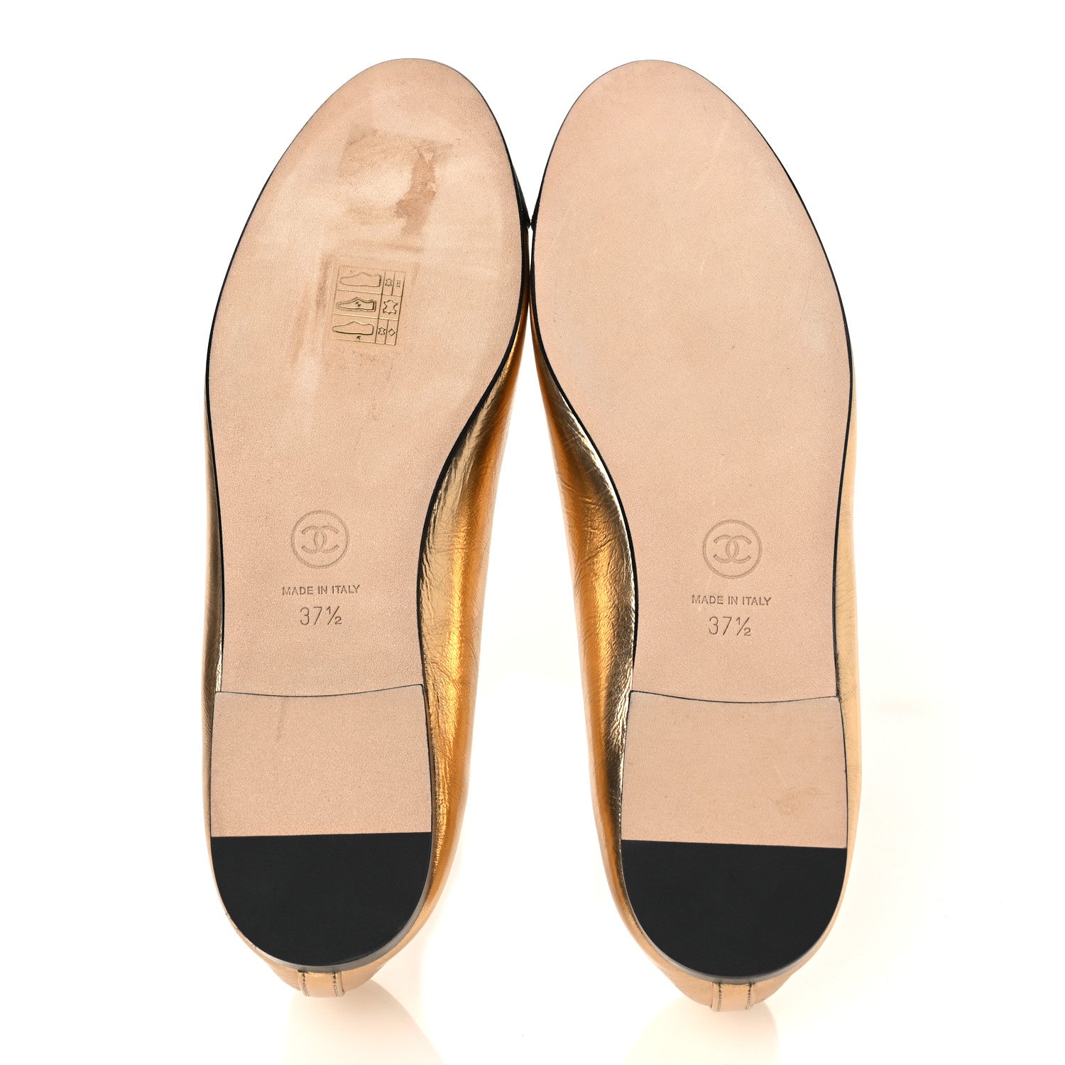 Laminated Crumpled Lambskin Grosgrain Cap Toe CC Ballerina Flats 37.5 Gold Black