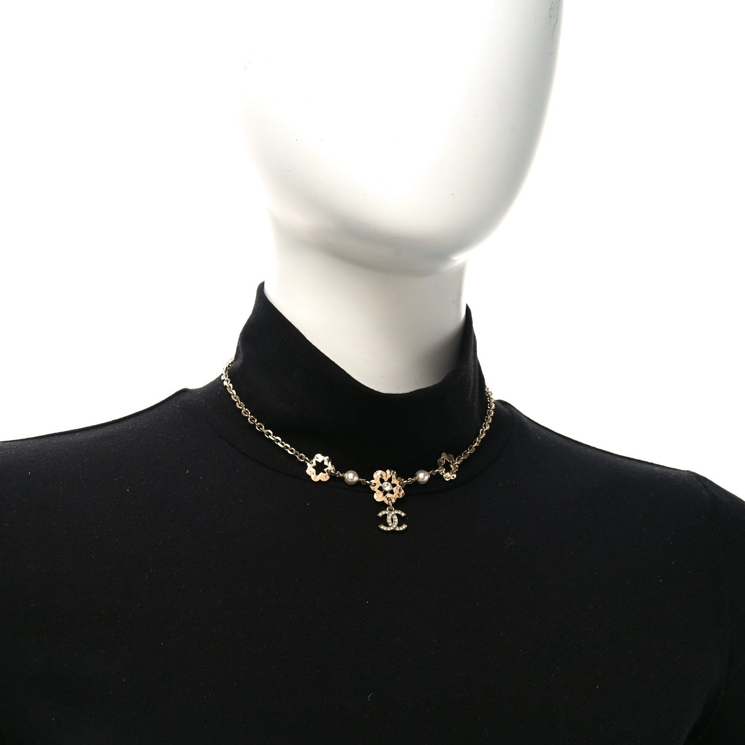 Metal Crystal Pearl CC Camellia Choker Necklace Gold