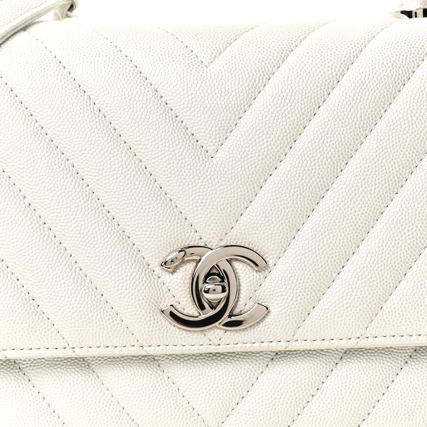 Iridescent Caviar Chevron Quilted Small Coco Handle Flap White