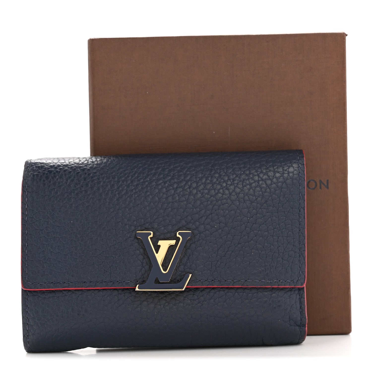 Taurillon Capucines Compact Wallet Marine Rouge