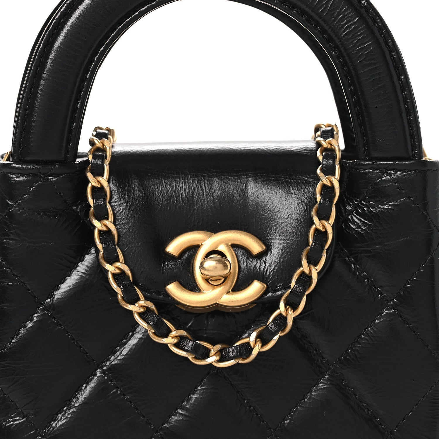 Shiny Aged Calfskin Quilted Mini Nano Kelly Shopper Black