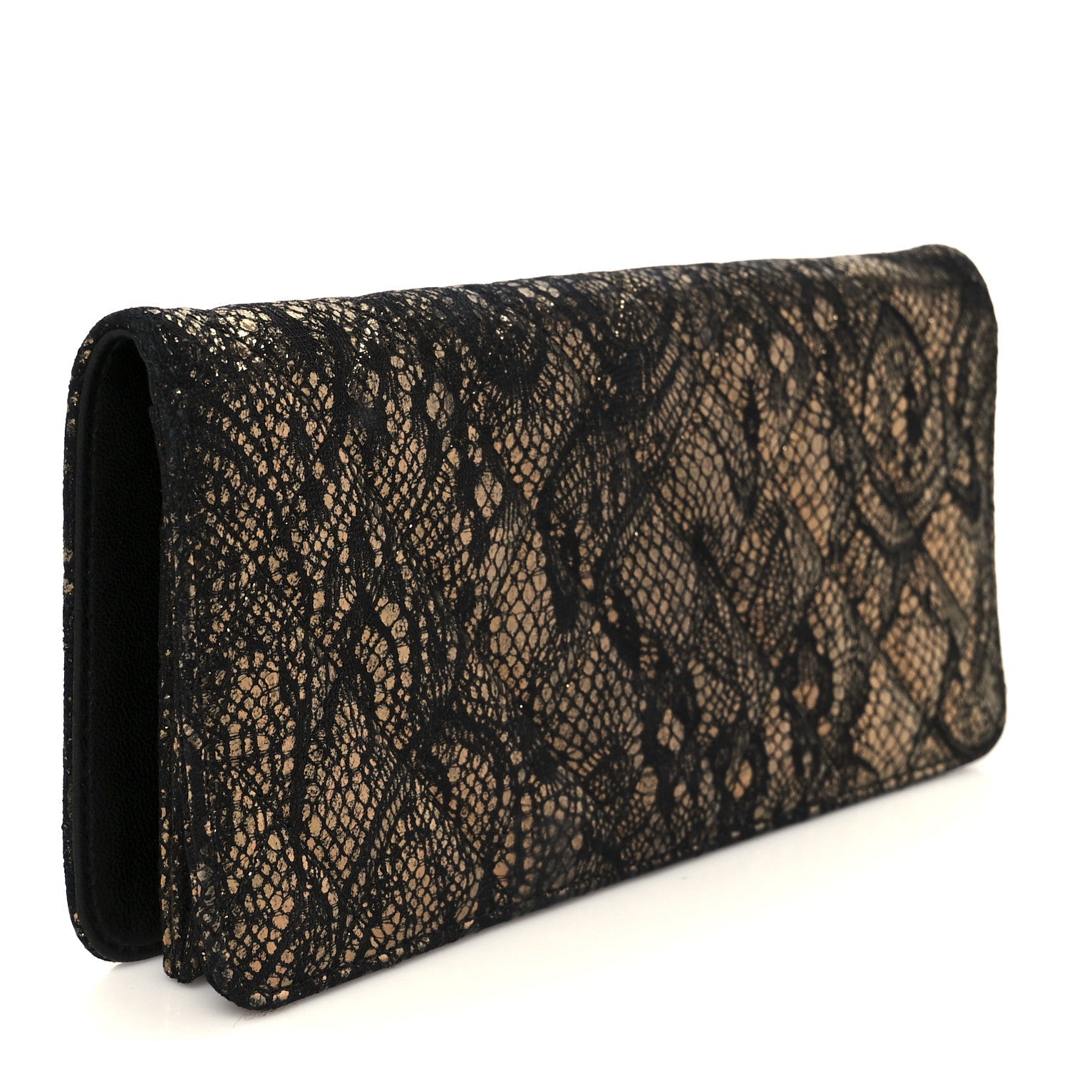 Metallic Fabric Lace Effect Quilted Clutch Black Gold