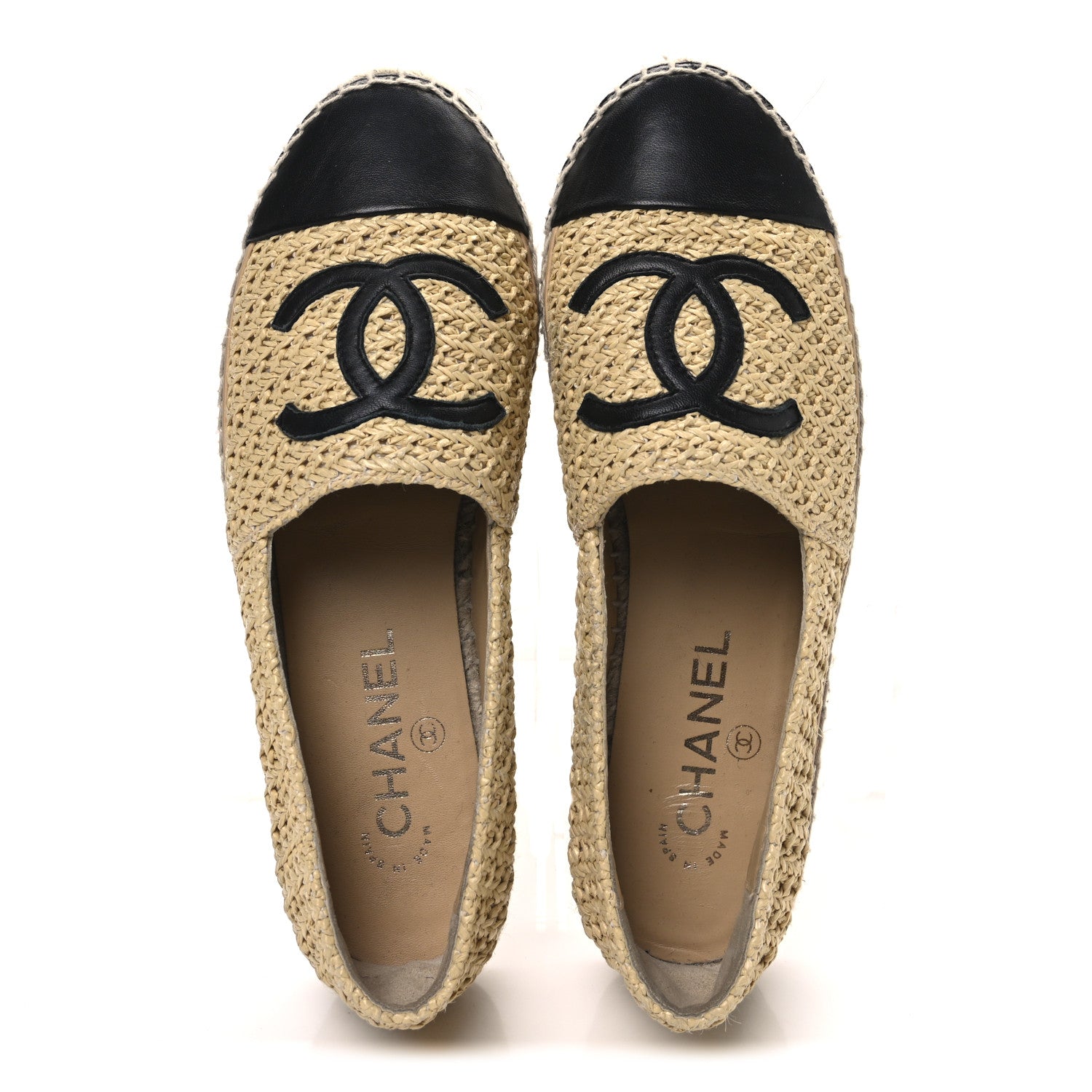 Braided Fabric Lambskin CC Espadrilles 38 Beige Black