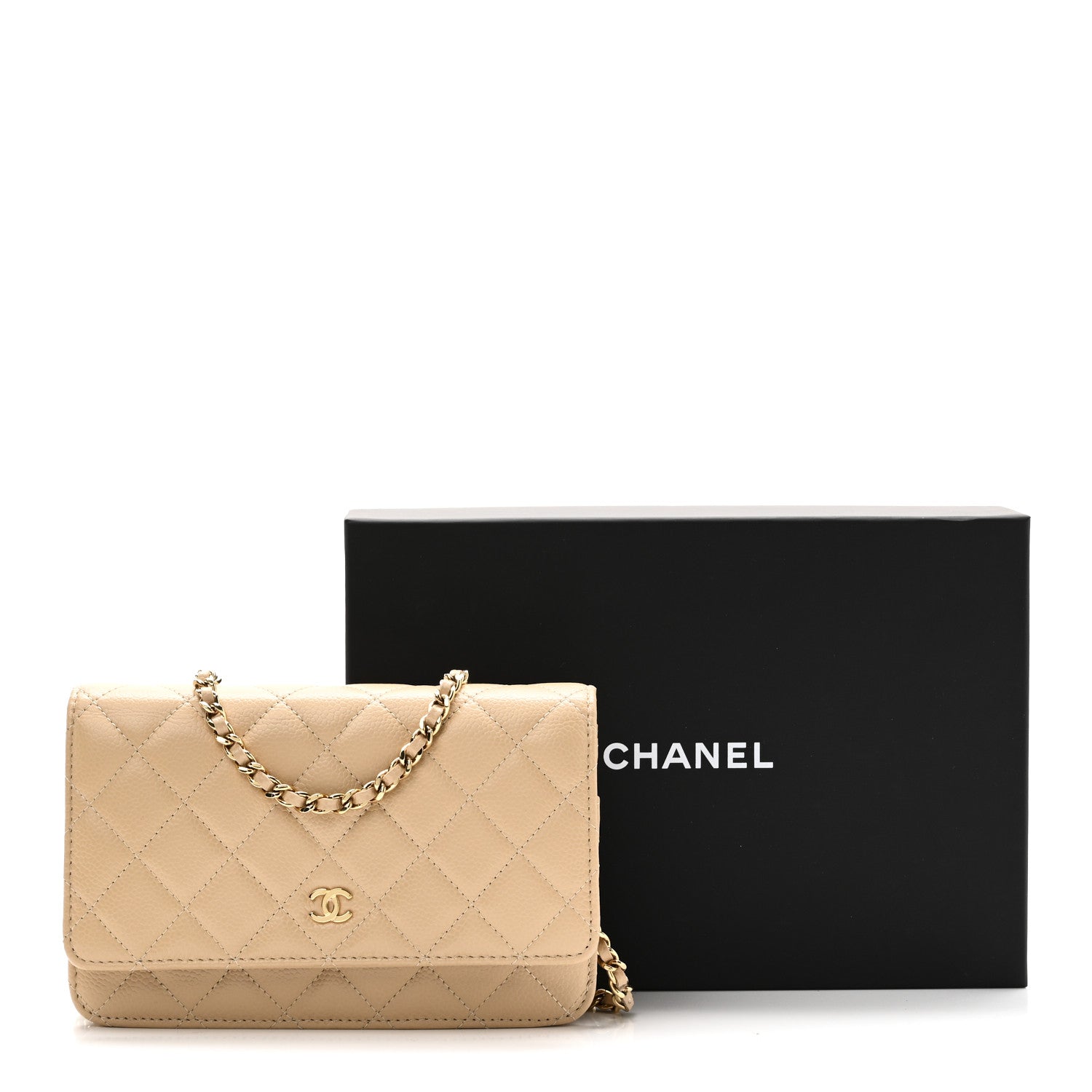 Caviar Quilted Wallet on Chain WOC Beige