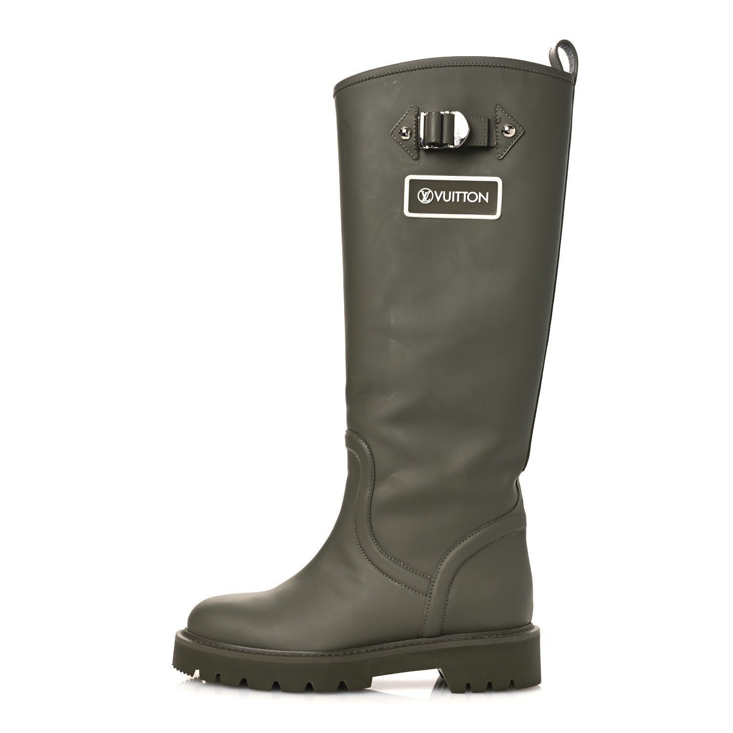 Rubber Calfskin Territory Flat High Boots 36 Khaki