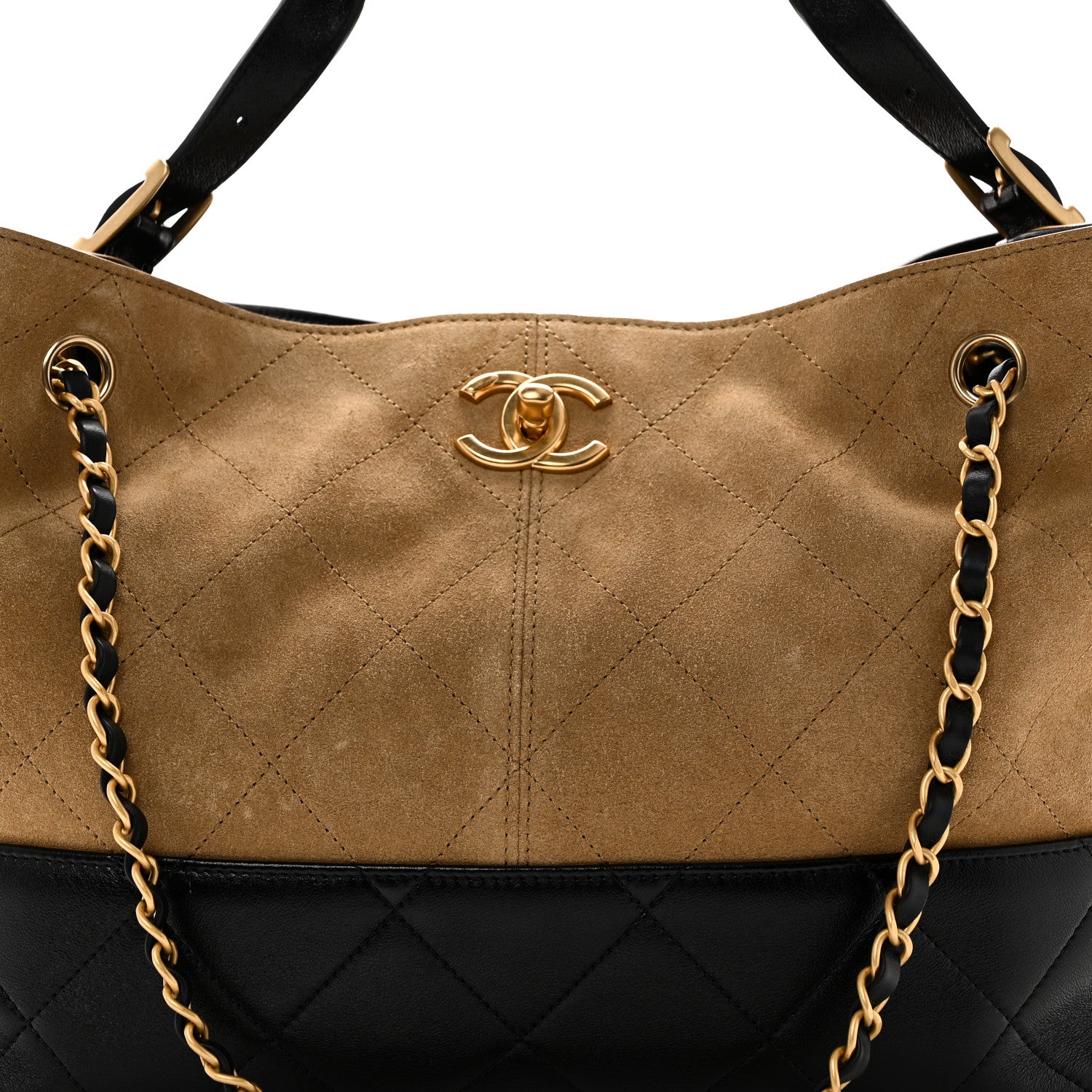 Suede Calfskin Shiny Lambskin Quilted Small Shopping Bag Beige Black
