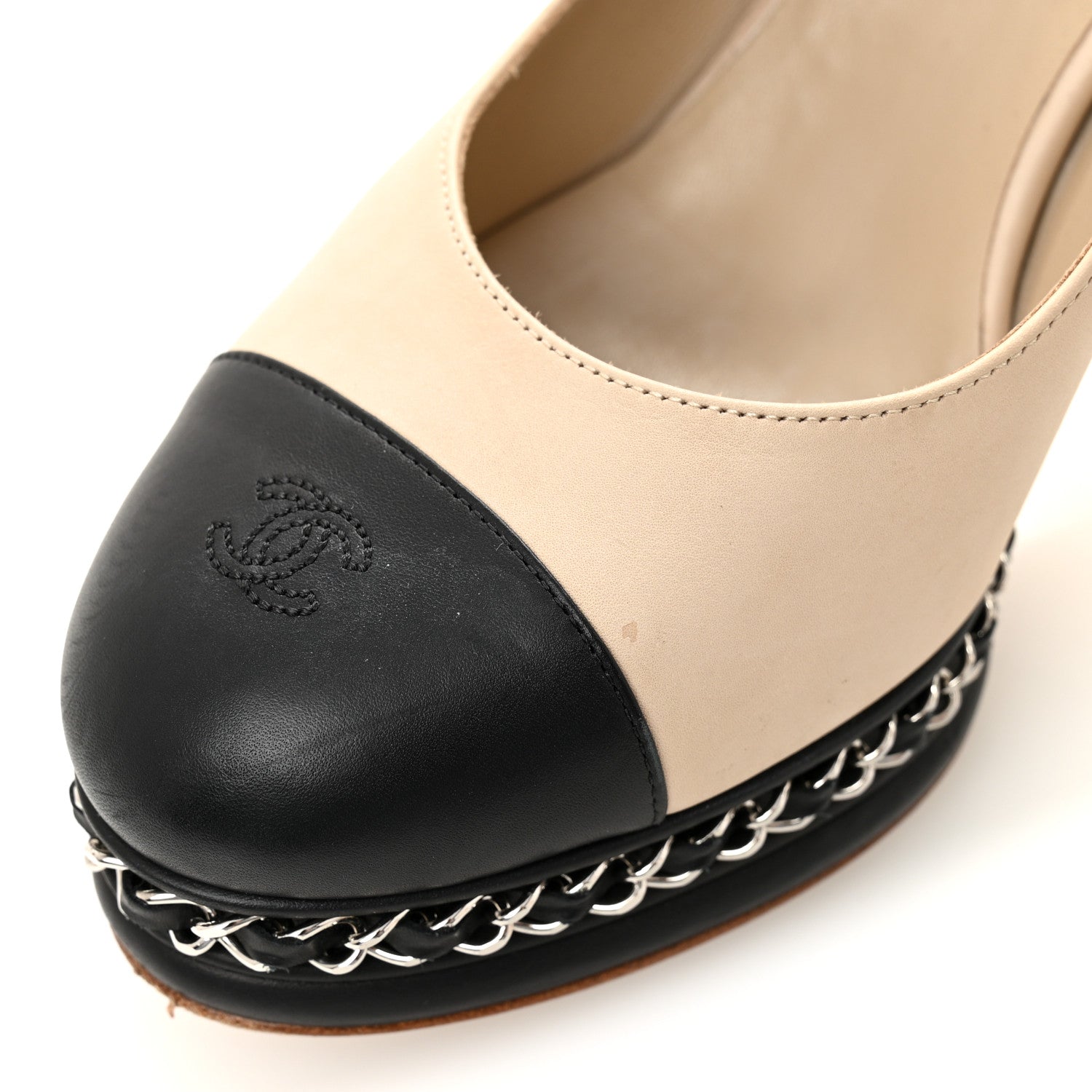 Calfskin CC Cap Toe Platform Chain Pumps 39 Beige Black