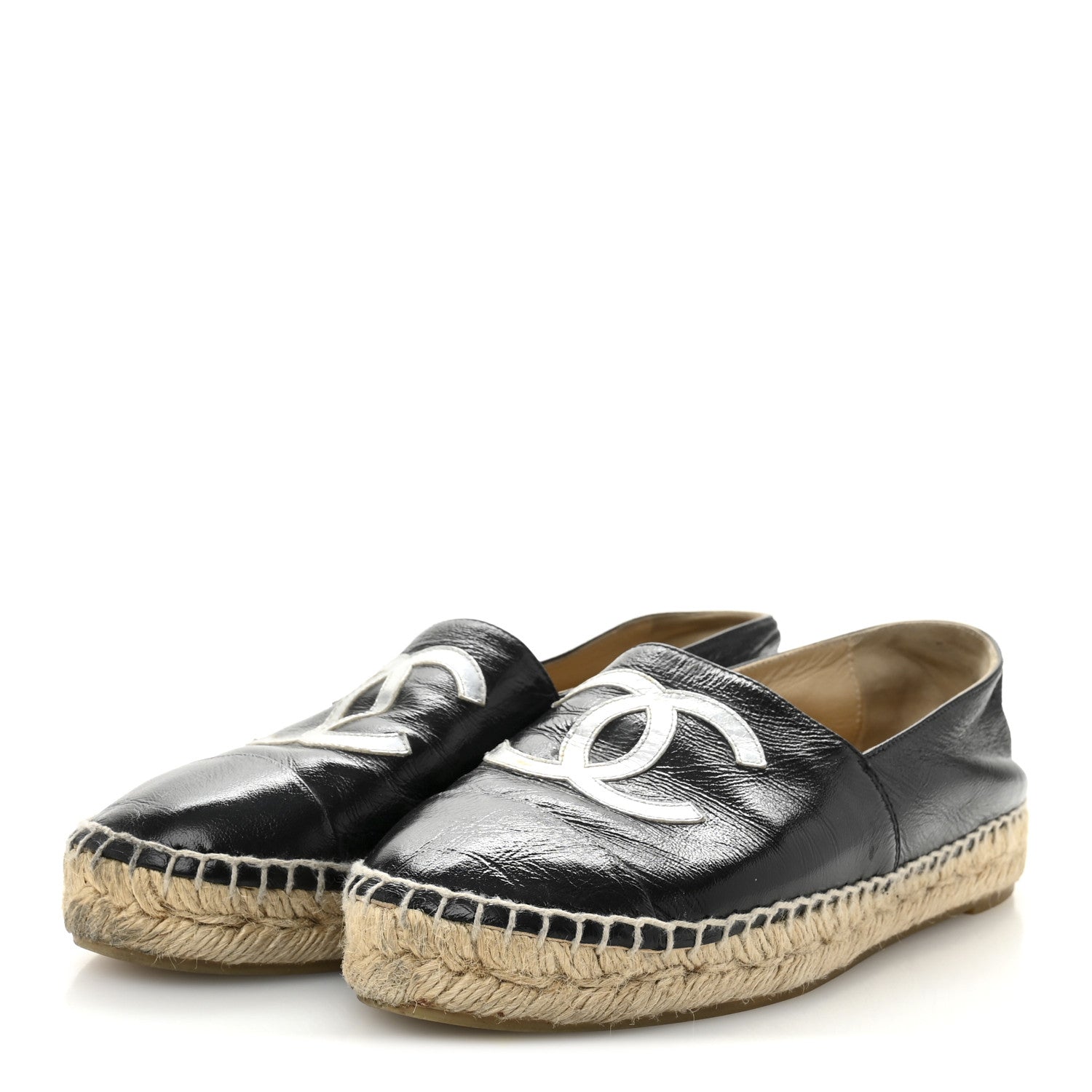 Patent Calfskin Metallic Goatskin CC Espadrilles 36 Black Silver