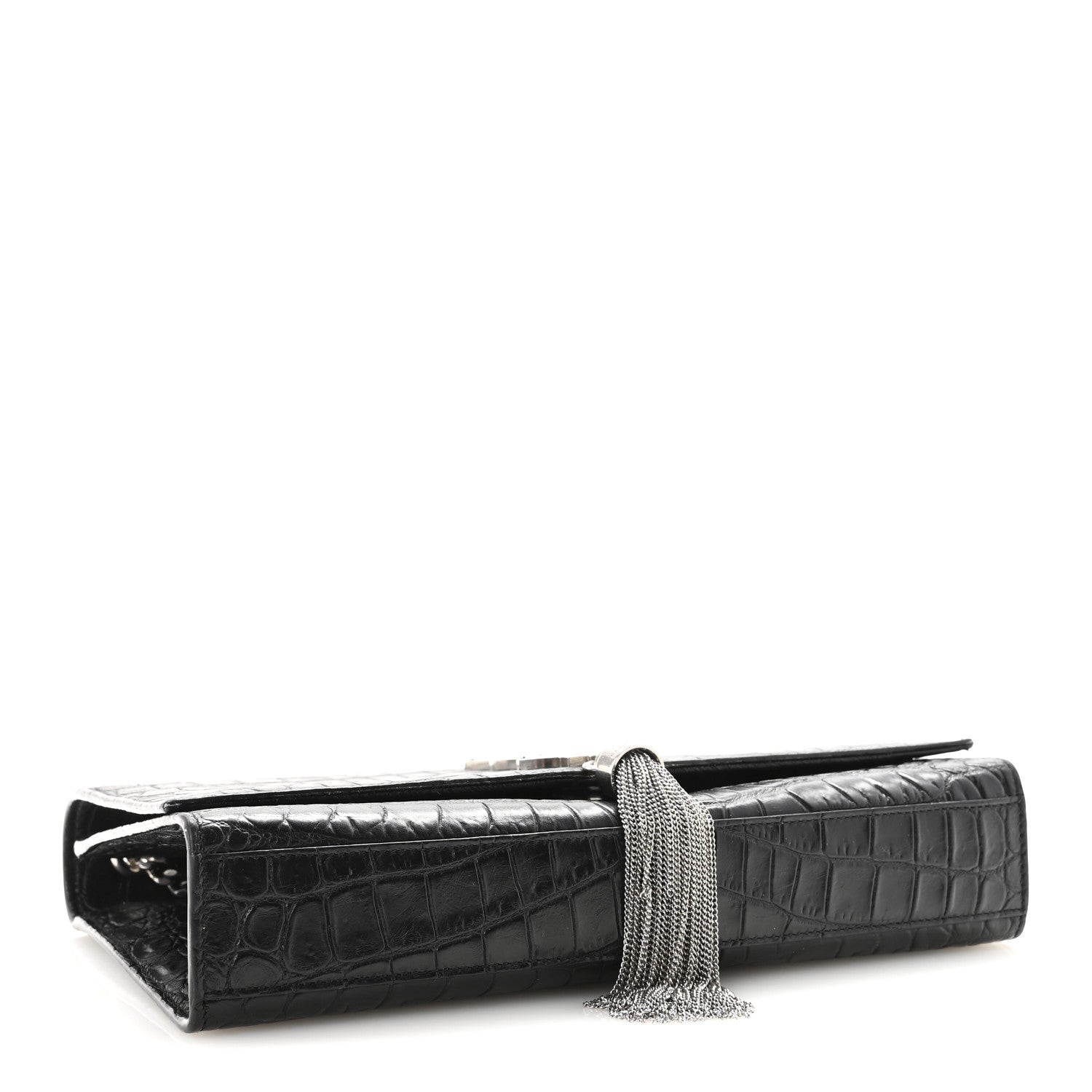 Calfskin Crocodile Embossed Medium Classic Monogram Kate Tassel Satchel Black