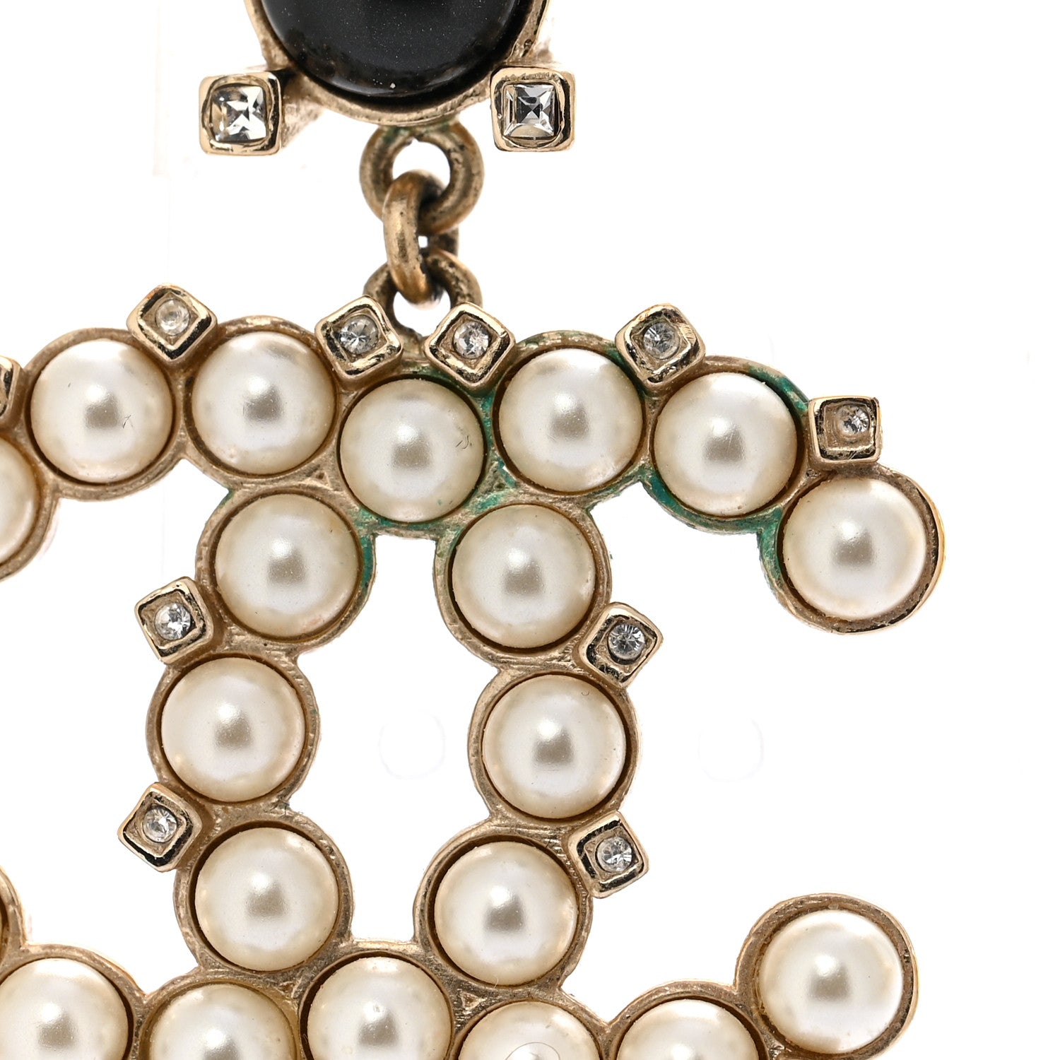 Resin Crystal Pearl CC Drop Earrings Black Gold