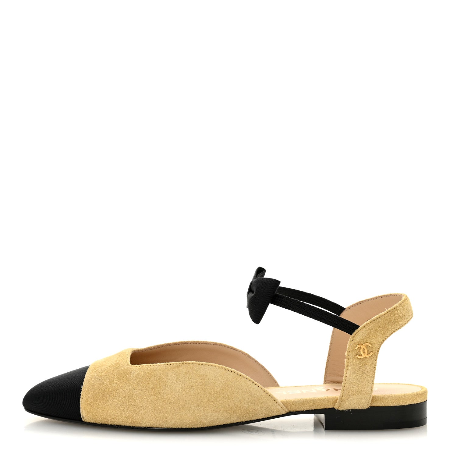 Suede Grosgrain Bow Cap Toe CC Slingback Flats 38 Beige Black