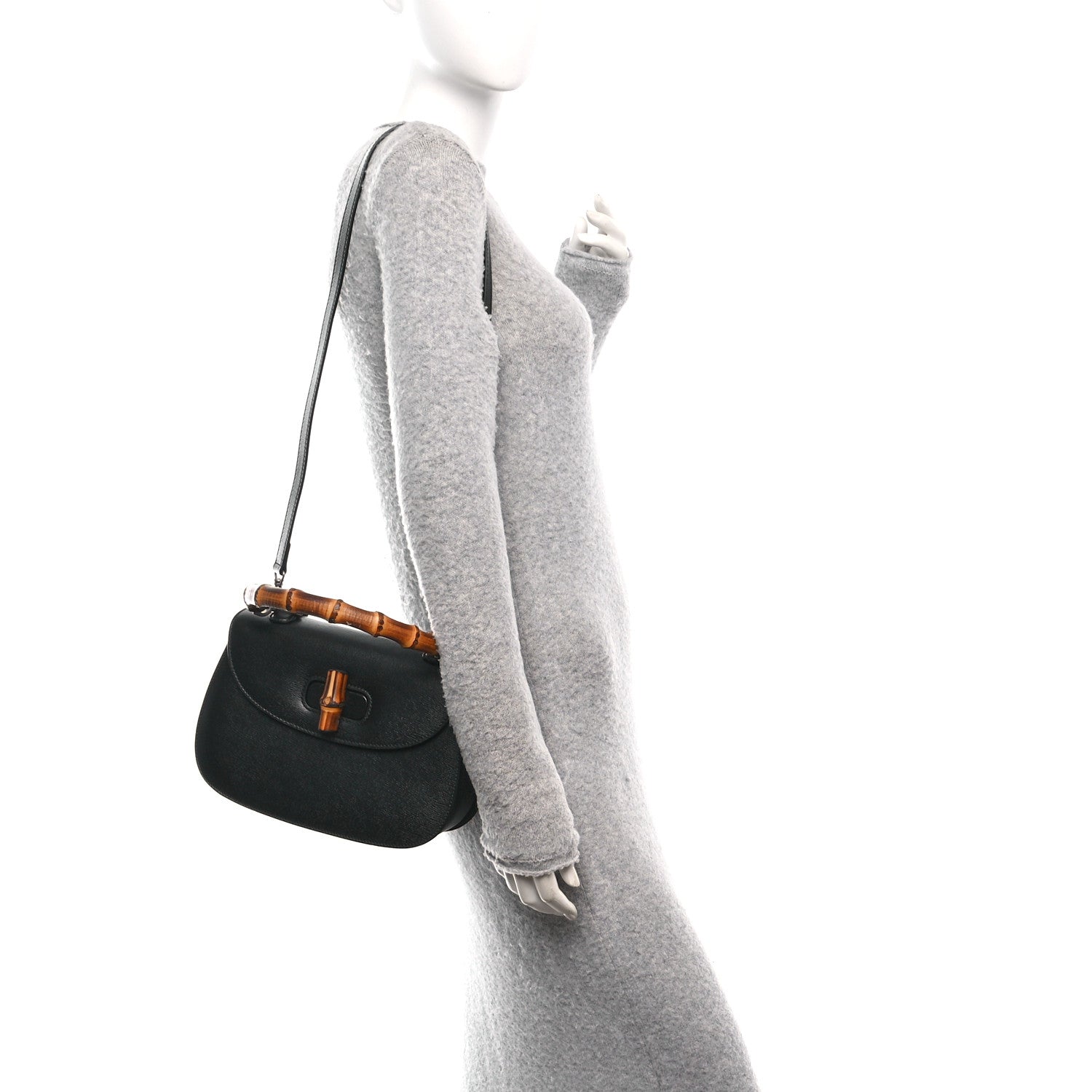 Shangai Calfskin Small Classic Bamboo Top Handle Bag Black