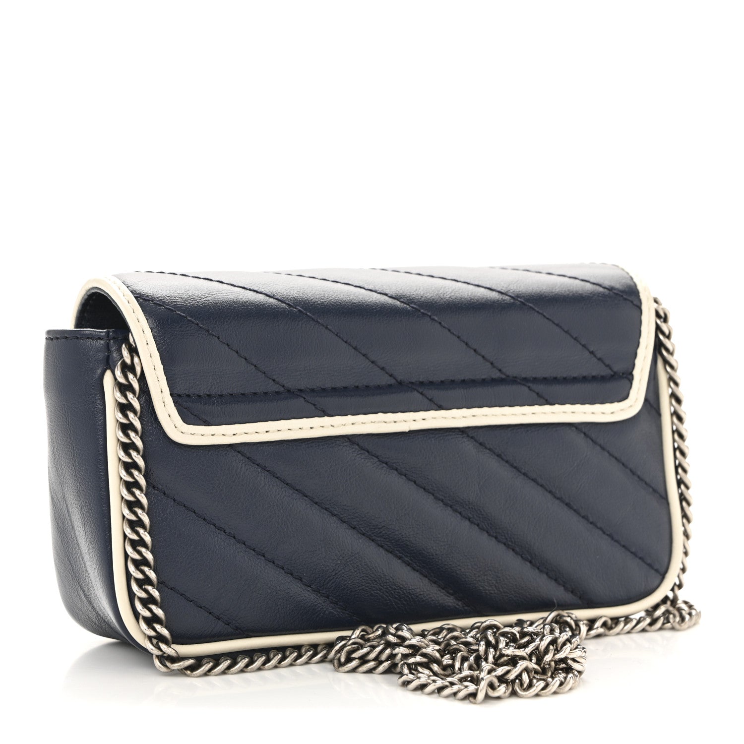 Vintage Effect Calfskin Matelasse Diagonal Super Mini Torchon GG Marmont Shoulder Bag Blue Agata Mystic White