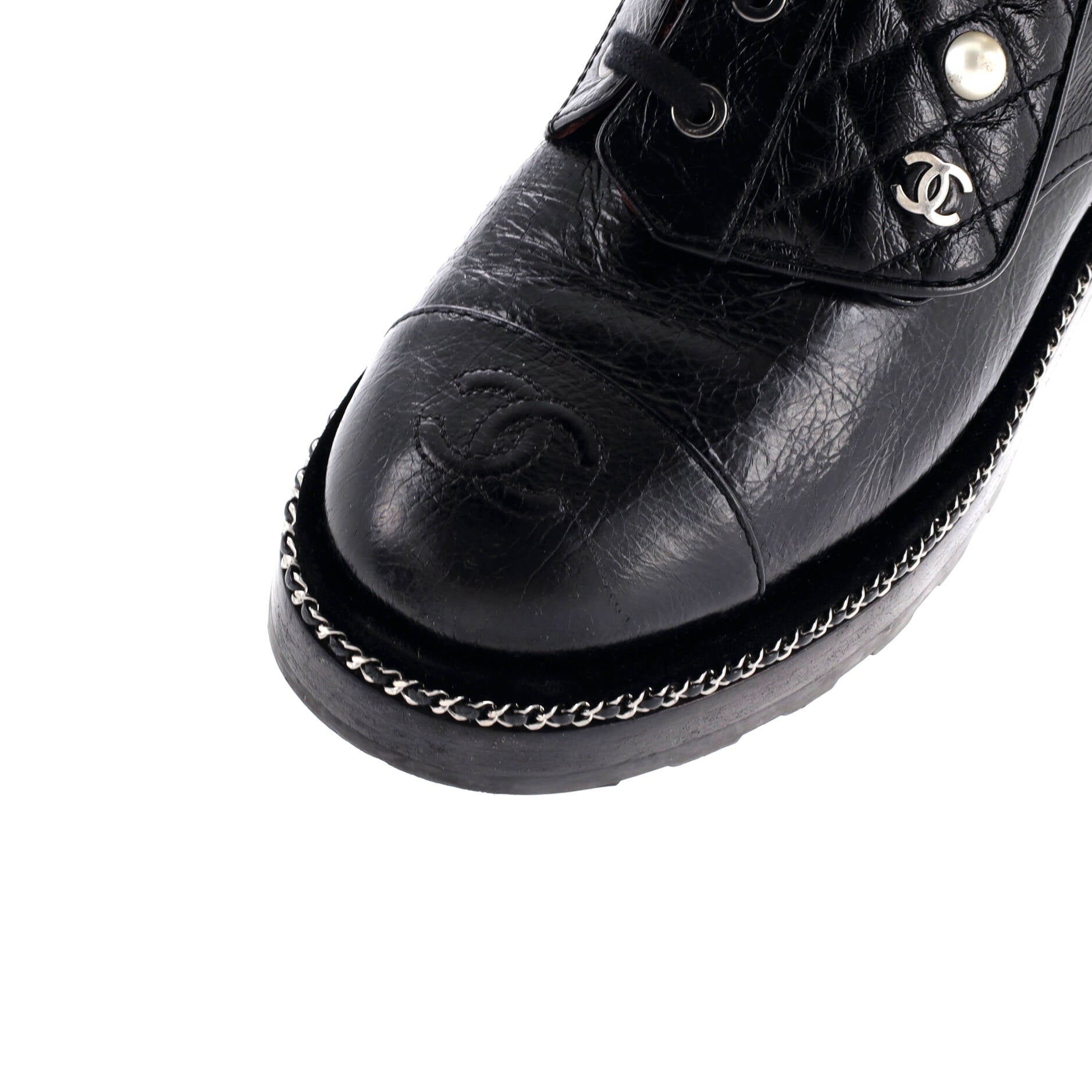 Women's Cap Toe CC Chain Around Pearl Combat Boots Leather