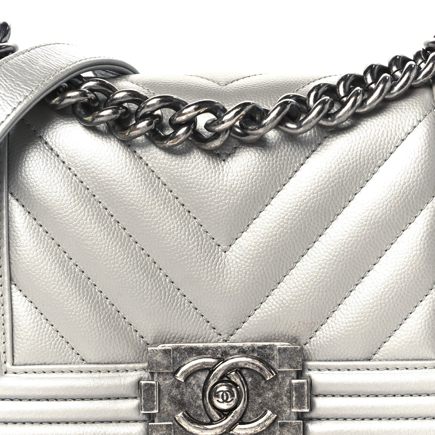 Metallic Caviar Chevron Quilted Small Boy Flap Silver