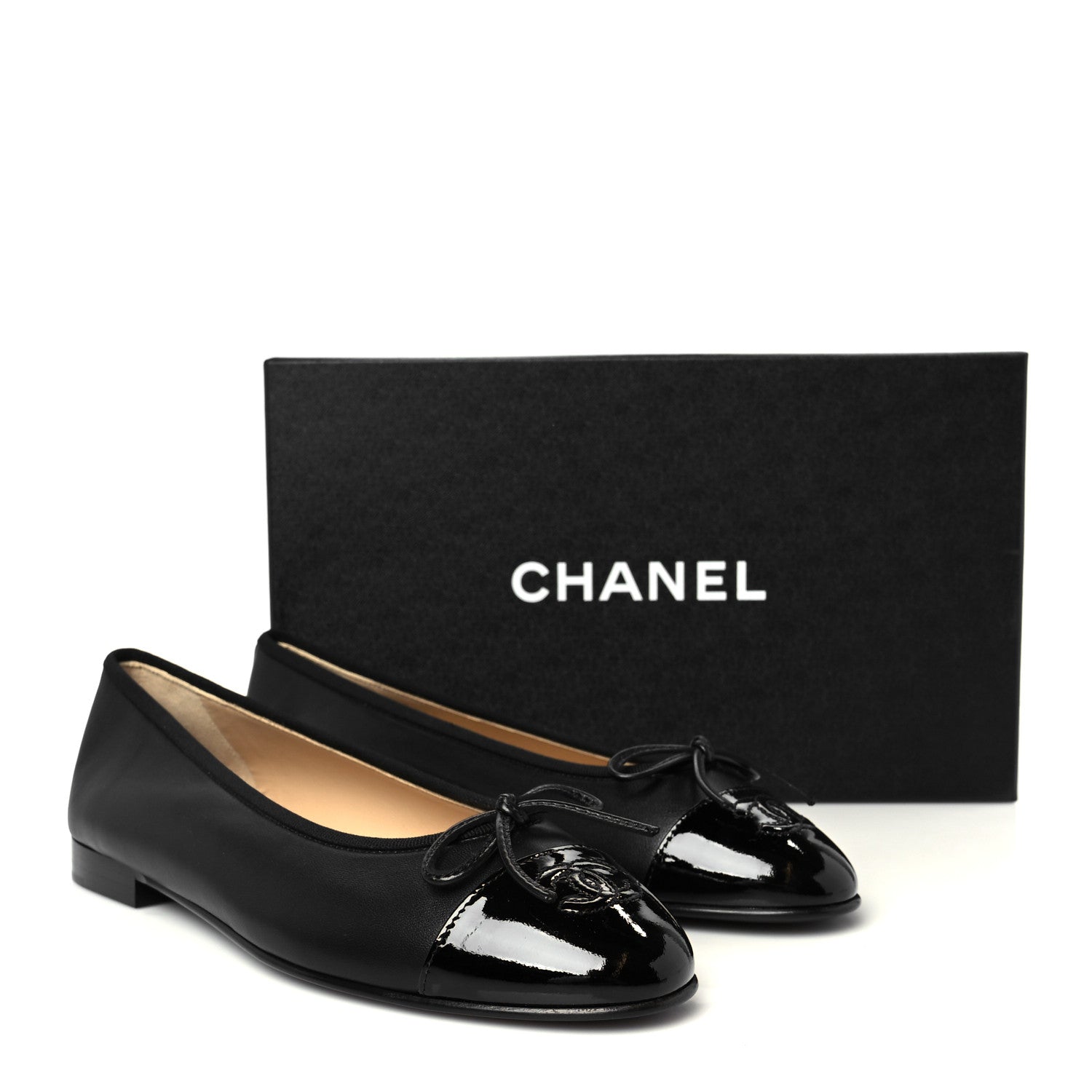 Lambskin Patent Cap Toe Ballerina Flats 38.5 Black