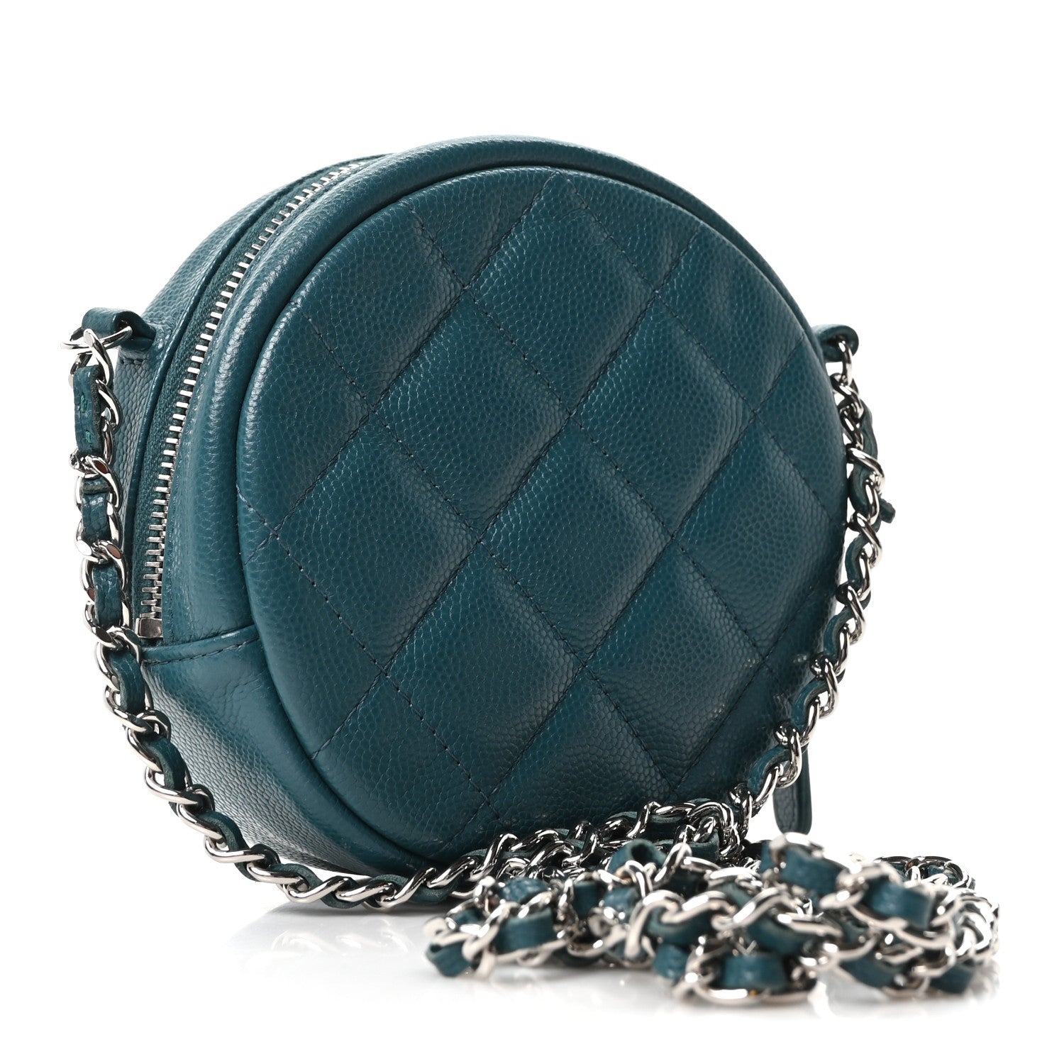 Caviar Quilted Round Clutch With Chain Green
