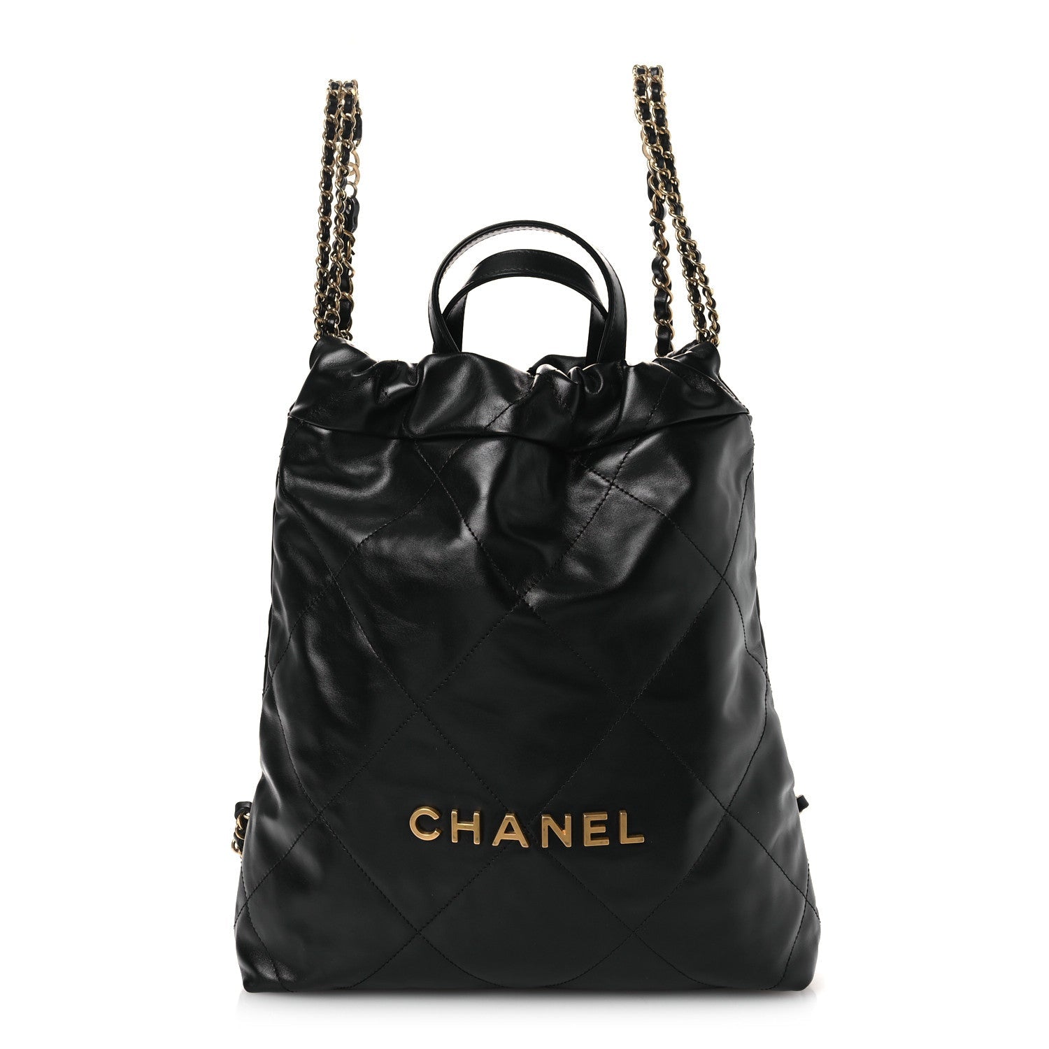 Shiny Calfskin Quilted Chanel 22 Backpack Black