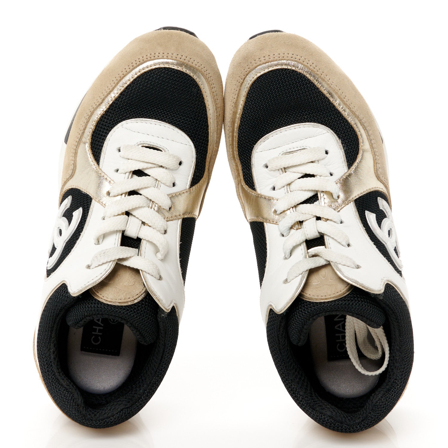 Mesh Suede Calfskin Grained Calfskin Womens CC Sneakers 37 White Black Beige Gold