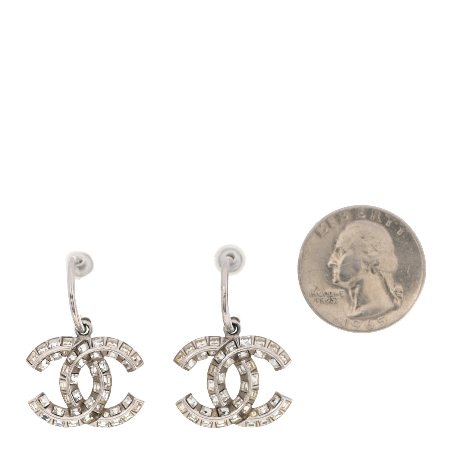 Baguette Crystal CC Drop Hoop Earrings Silver