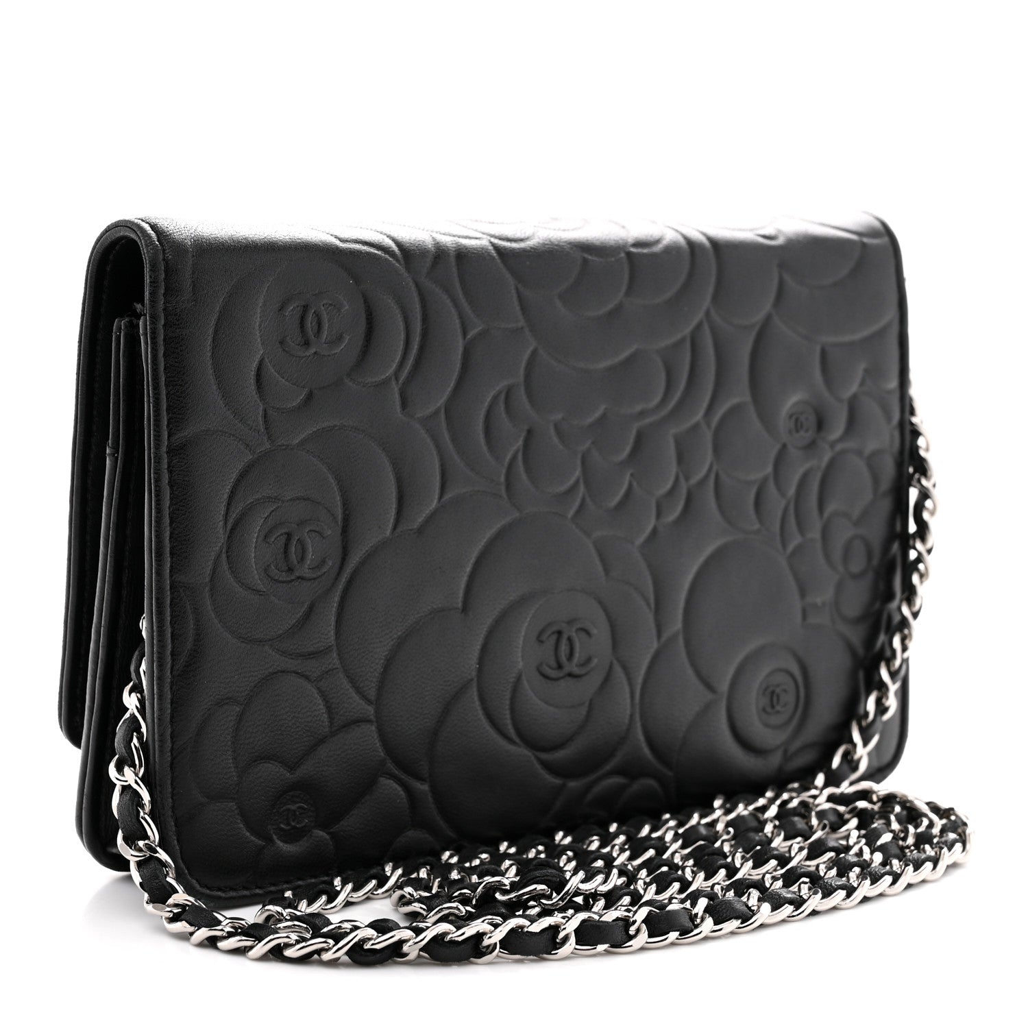 Lambskin Camellia Embossed Wallet On Chain WOC Black