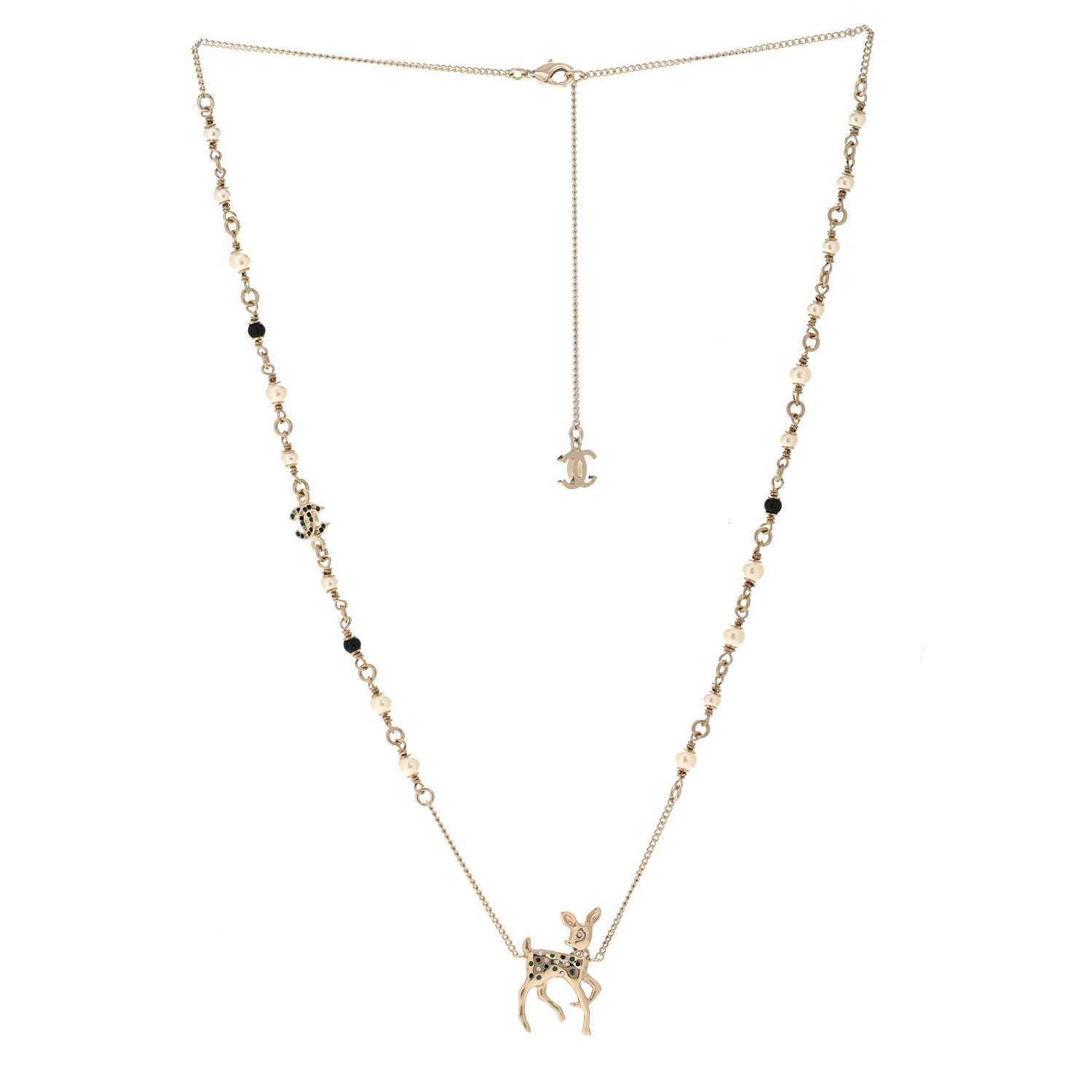 Pearl Crystal CC Deer Long Necklace Gold Green