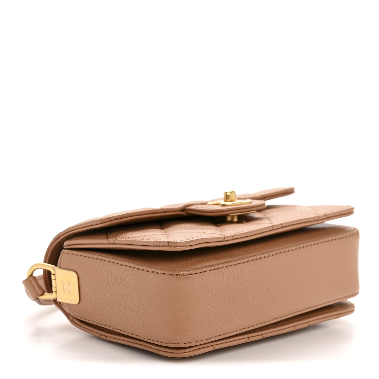 Shiny Caviar Quilted Mini Top Handle Flap Bag Camel