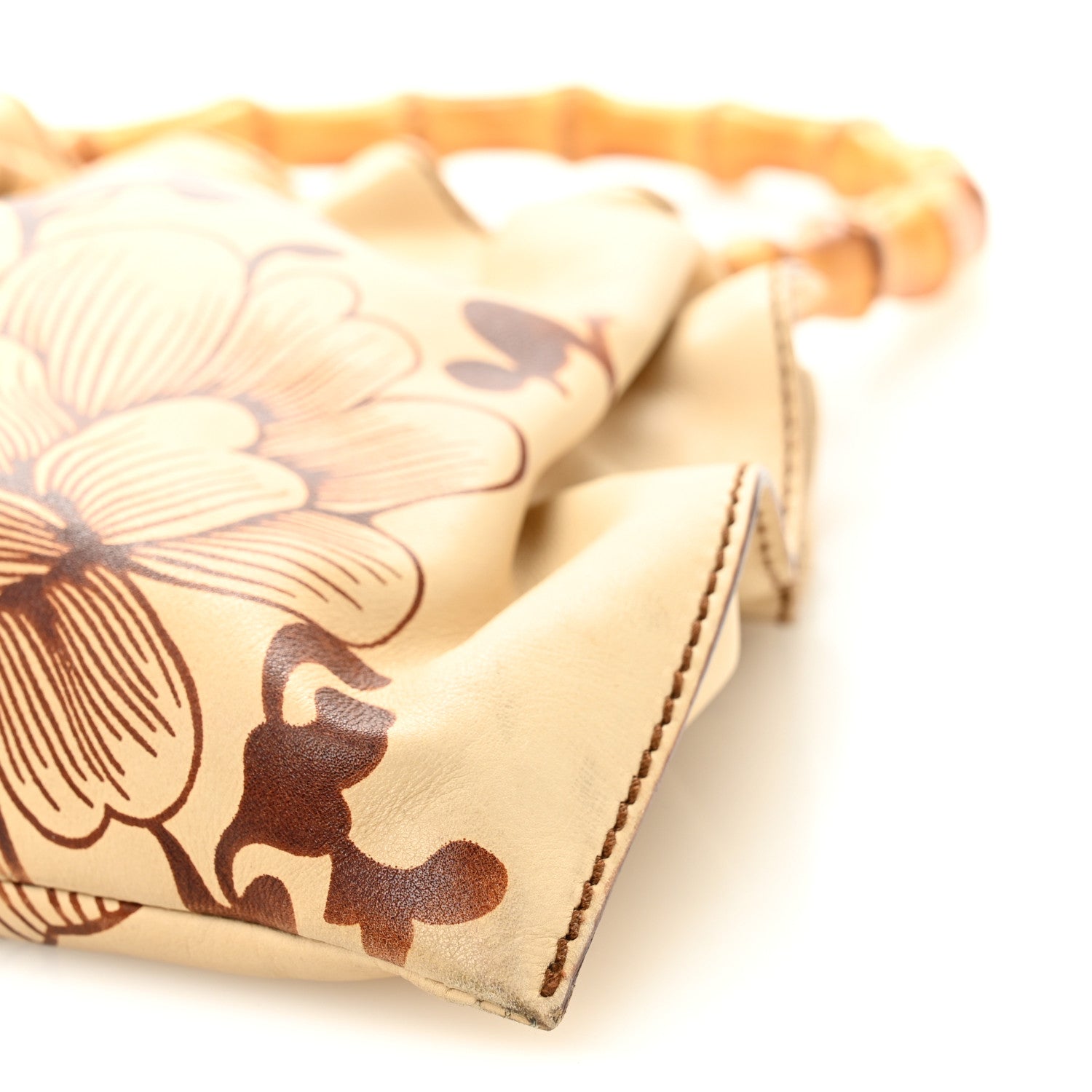 Calfskin Floral Printed Bamboo Top Handle Frame Bag Beige Brown