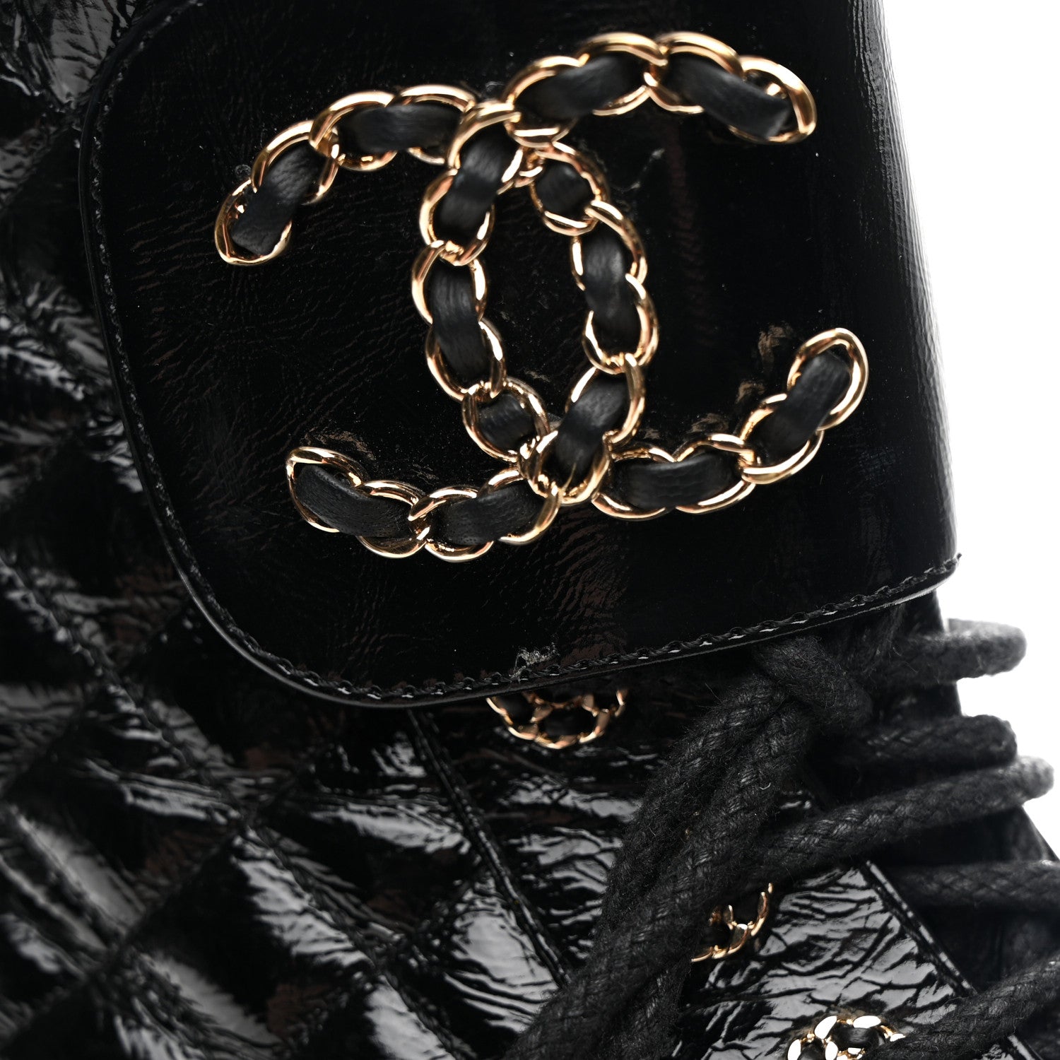Shiny Goatskin Calfskin Quilted Lace Up Combat Boots 37 Black