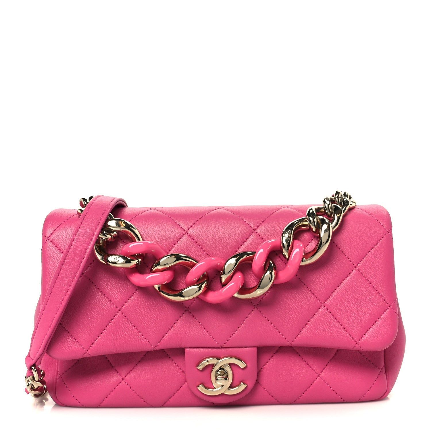 Lambskin Quilted Resin Bi-Color Chain Flap Bag Pink