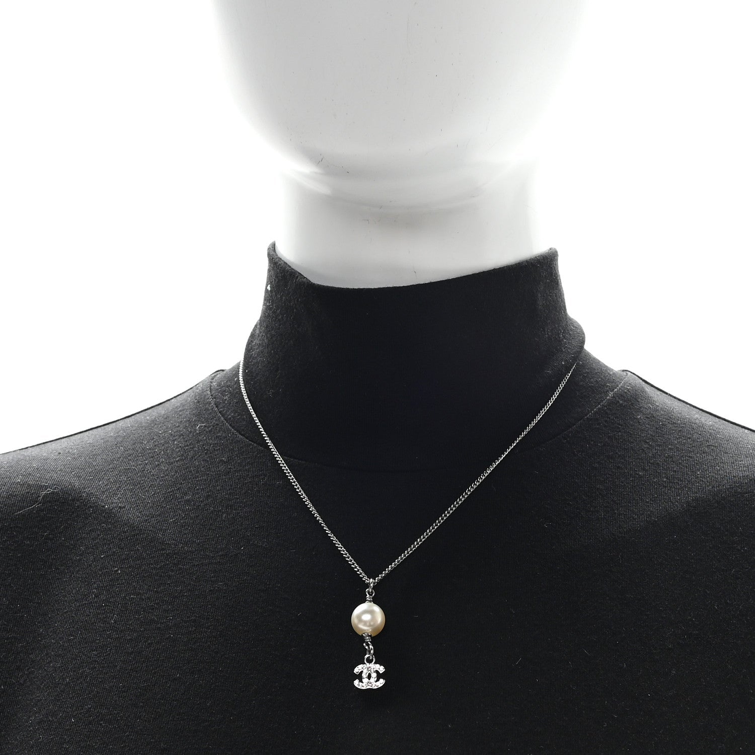 Pearl Crystal CC Drop Necklace Silver