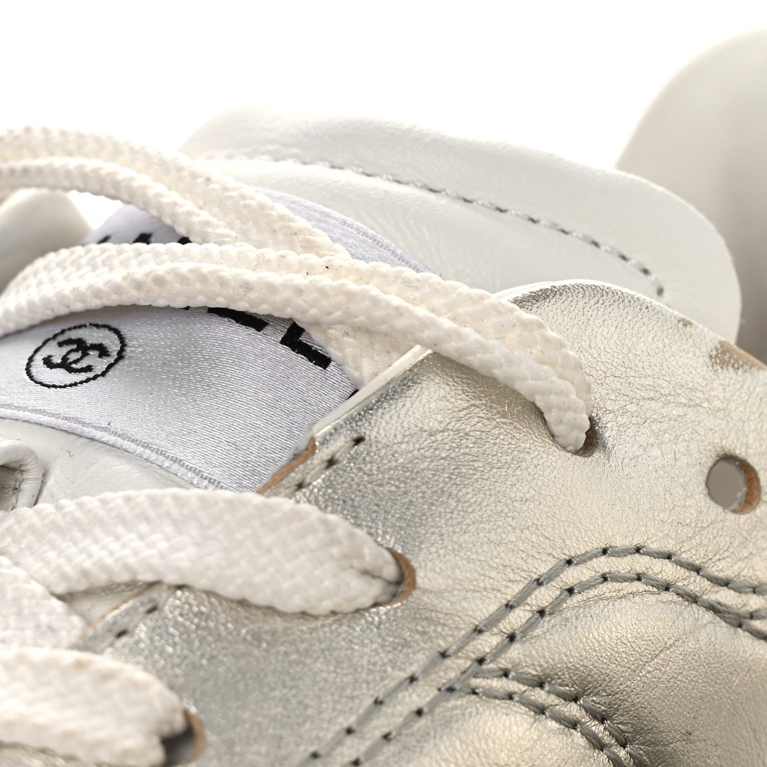Laminated Calfskin Suede Quilted Womens CC Sneakers 39 Silver White