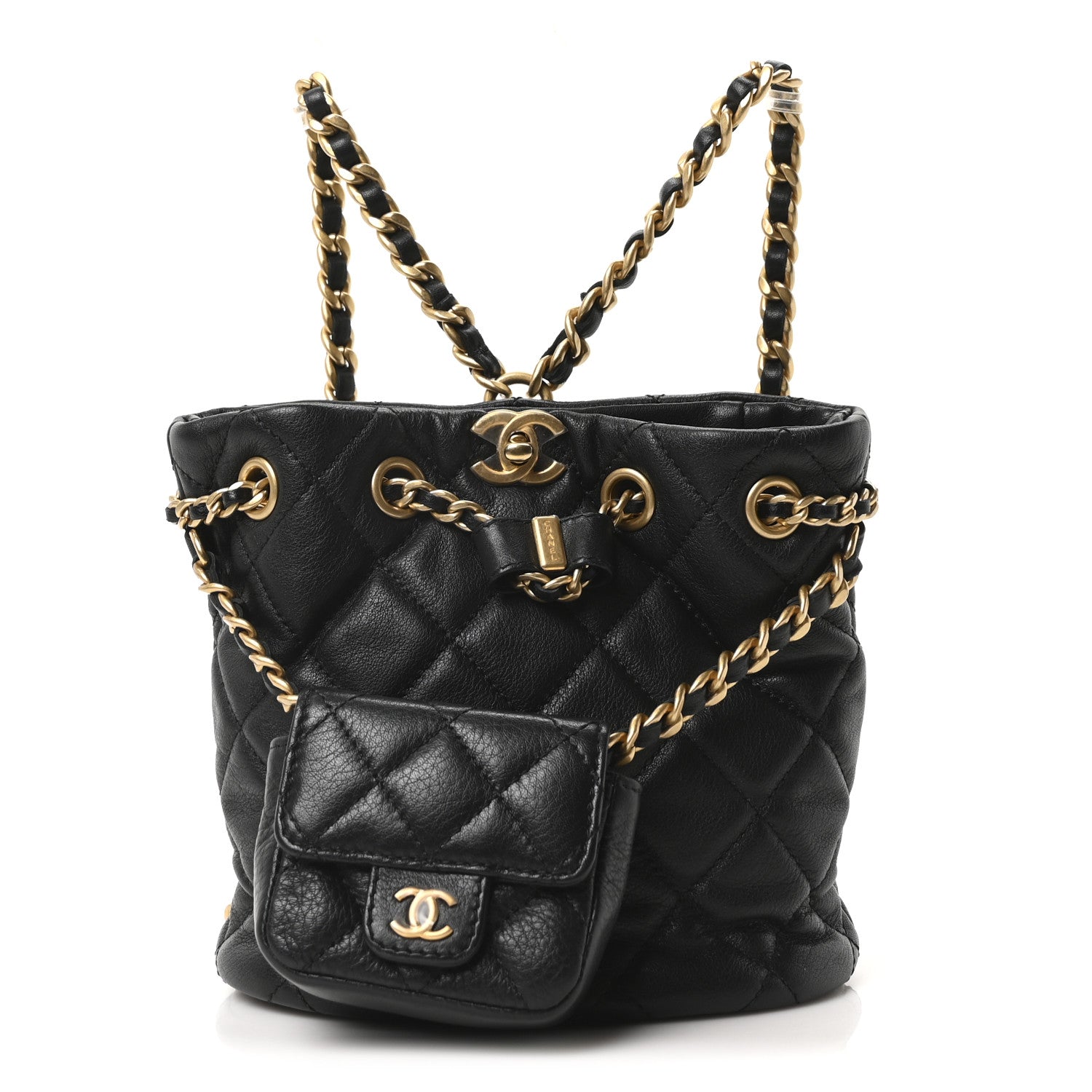 Calfskin Quilted Small CC Chain Bucket Backpack Black