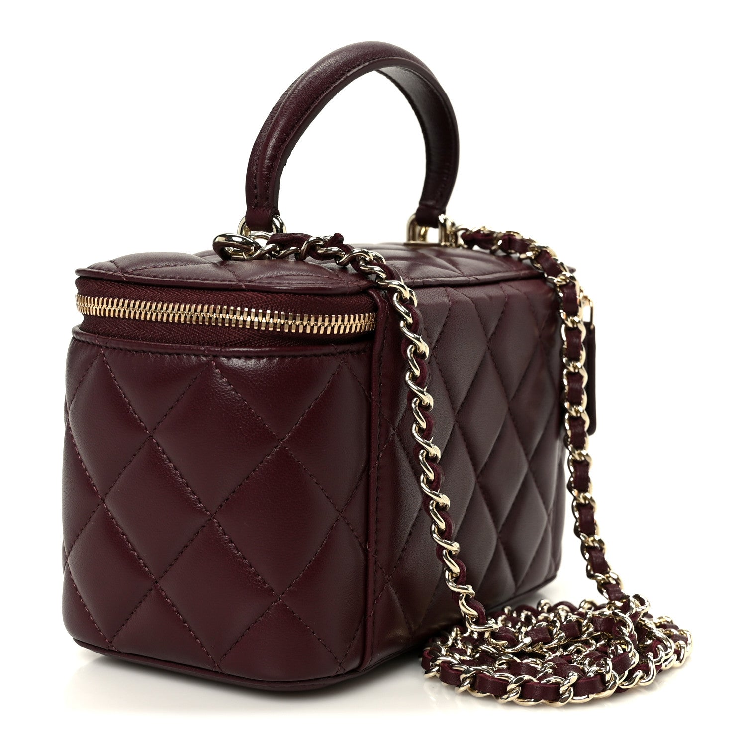 Lambskin Quilted Small Top Handle Vanity Case With Chain Burgundy