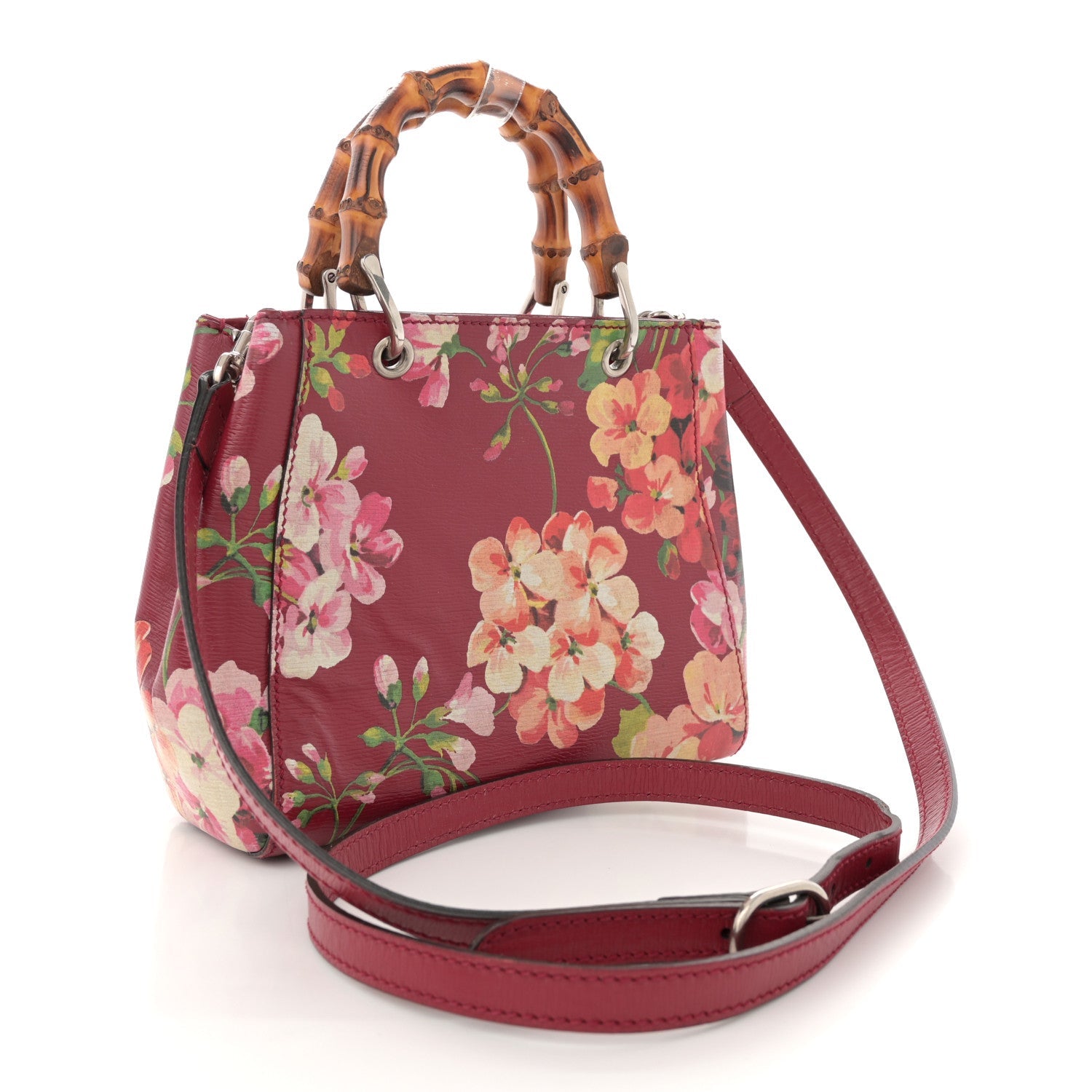 Shangai Calfskin Blooms Print Mini Bamboo Shopper Tote Romantic Cerise Multicolor