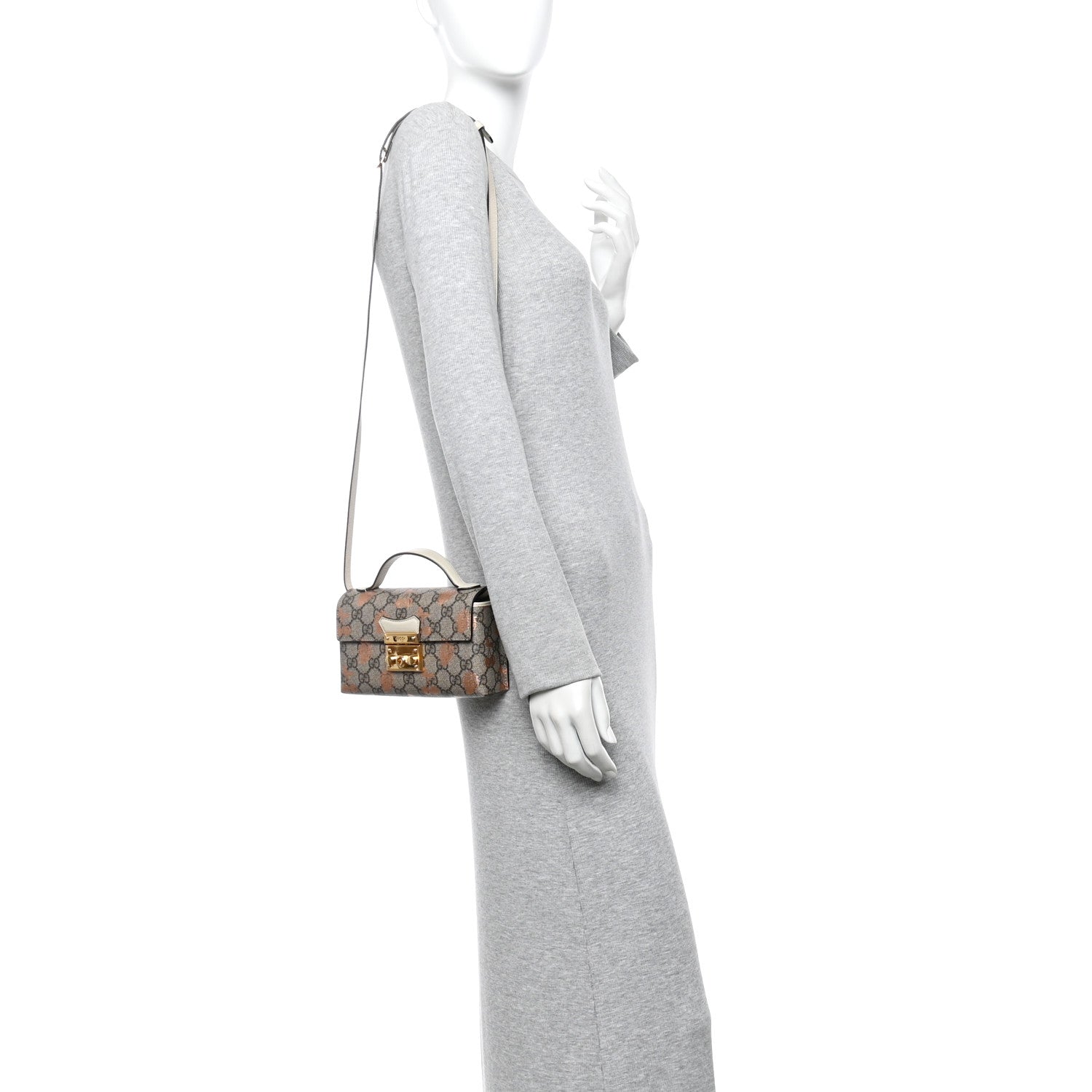 GG Supreme Monogram Berry Textured Dollar Calfskin Mini Padlock Top Handle Shoulder Bag Beige Ebony Light Copper Mystic White