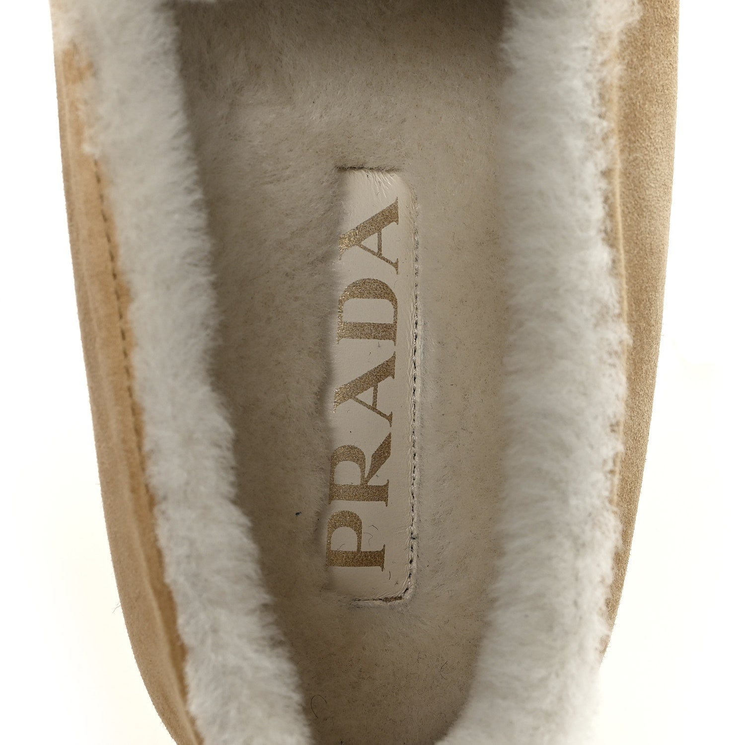 Suede Shearling Triangle Logo Loafer 39 Ecru