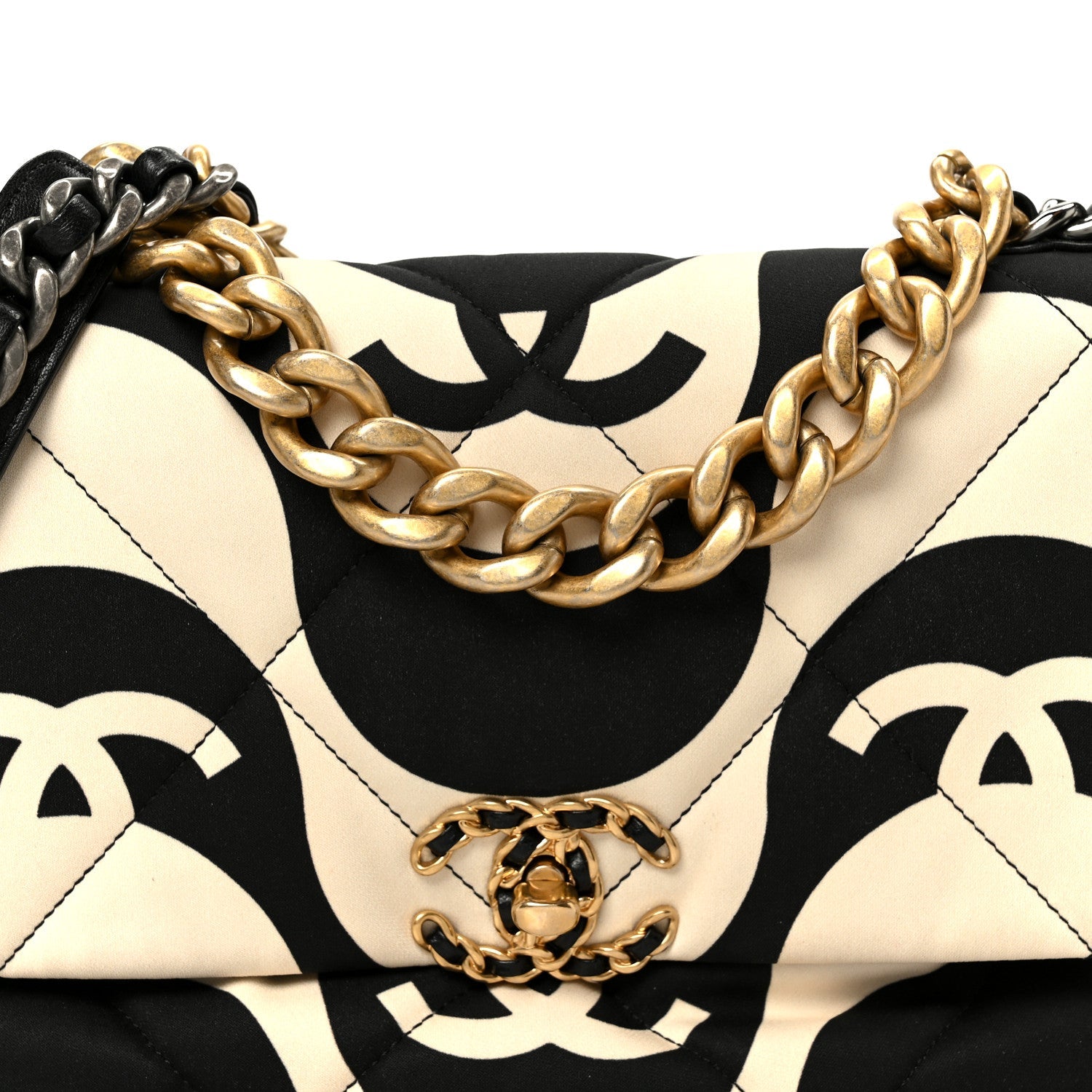Fabric Printed Large Chanel 19 Flap Black Ecru