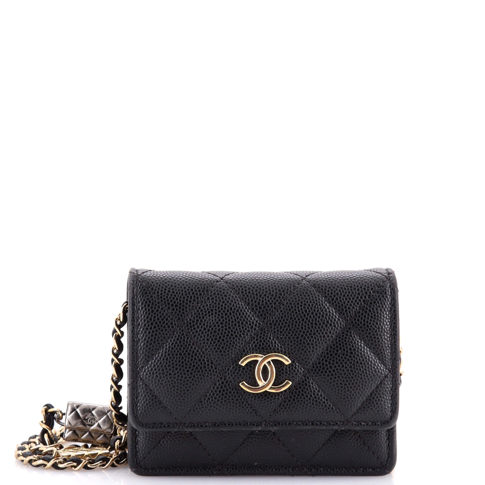 Flap Card Holder on Chain with Charms Quilted Caviar Mini