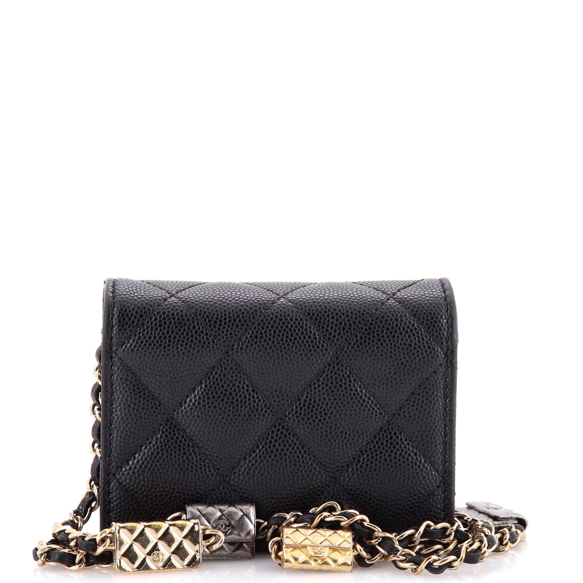 Flap Card Holder on Chain with Charms Quilted Caviar Mini